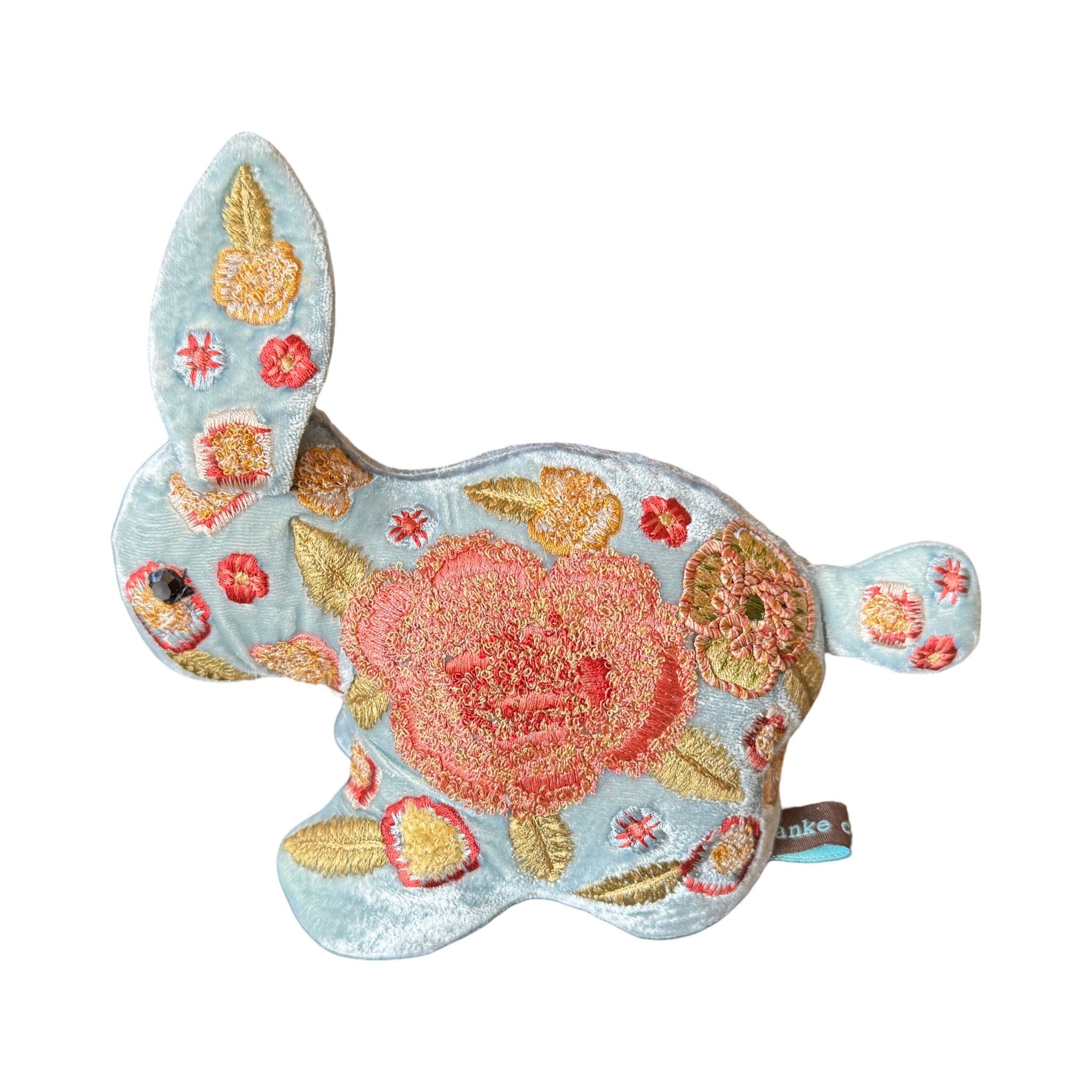 Hand Embroidered Silk Velvet Bunny Objet d'Art Anke Drechsel FLEUR Heavenly Blue