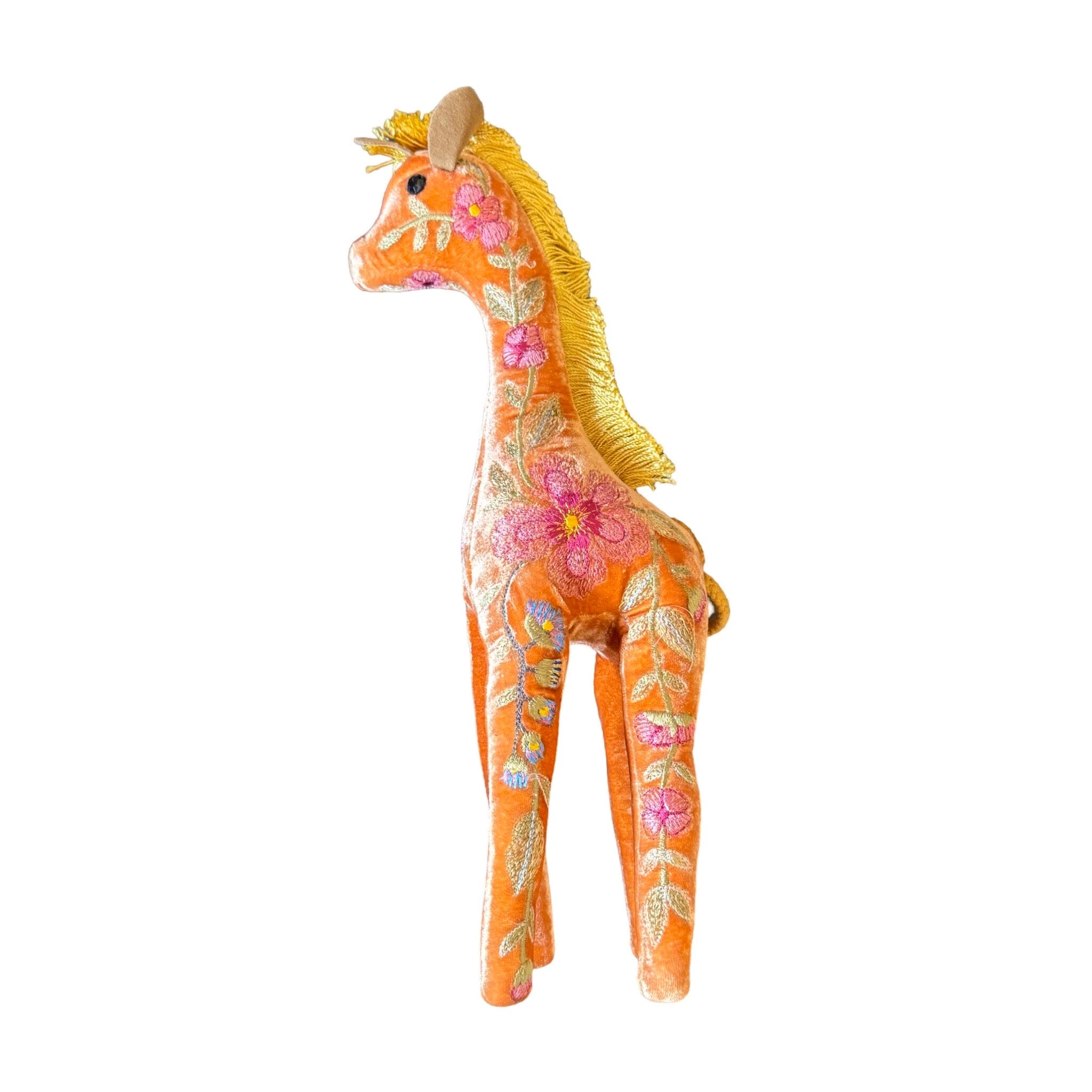 Hand Embroidered Silk Velvet Giraffe Objet d'Art Anke Drechsel MEGAN Tangerine
