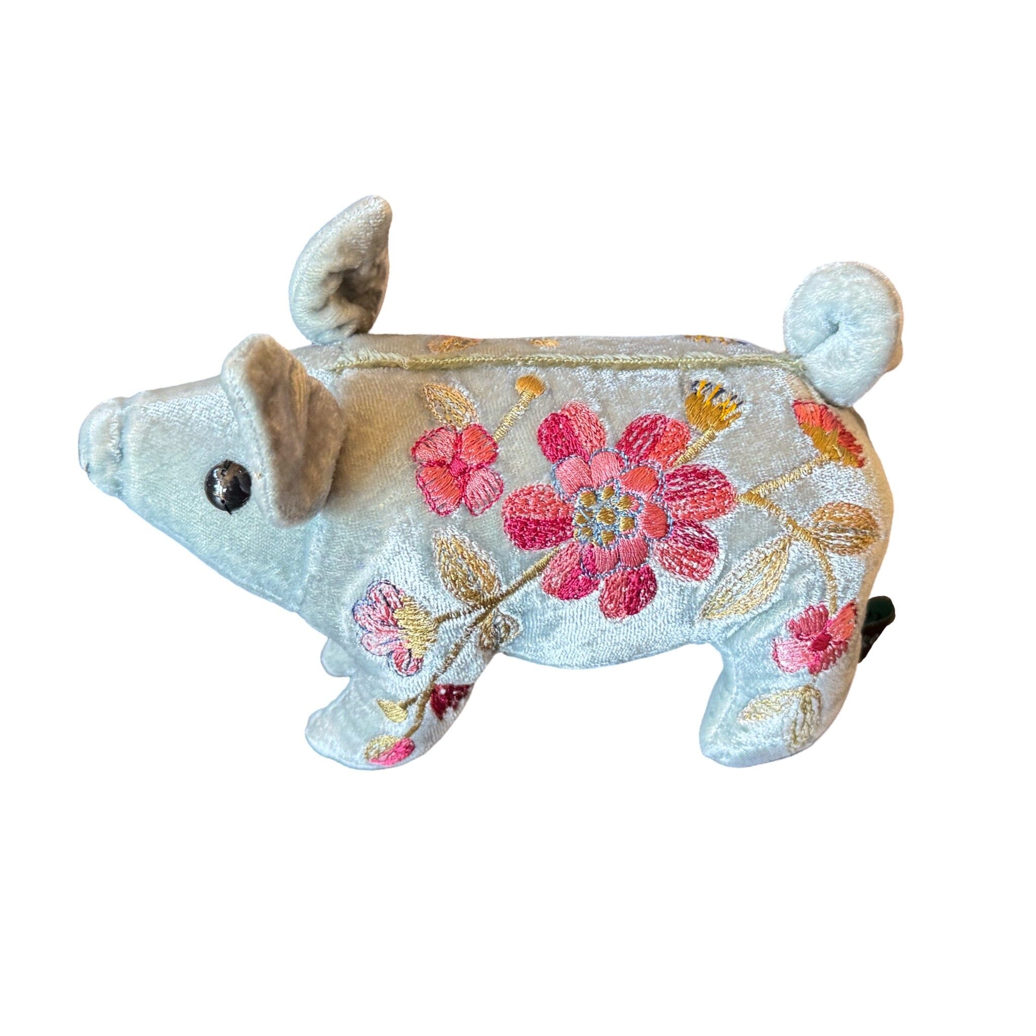 Hand Embroidered Silk Velvet Piglet Objet d'Art Anke Drechsel MEGAN Heavenly Blue