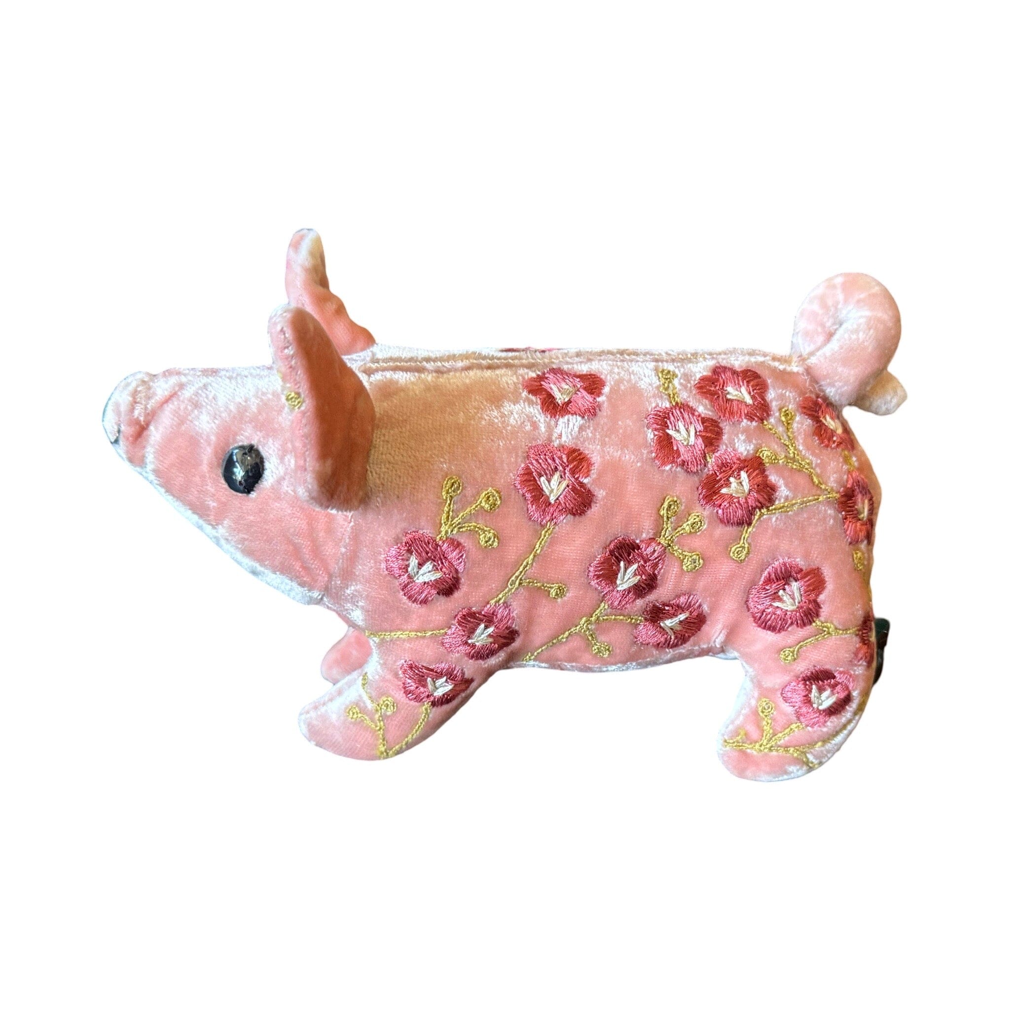 Hand Embroidered Silk Velvet Piglet Objet d'Art Anke Drechsel MISHA Sorbet Pink