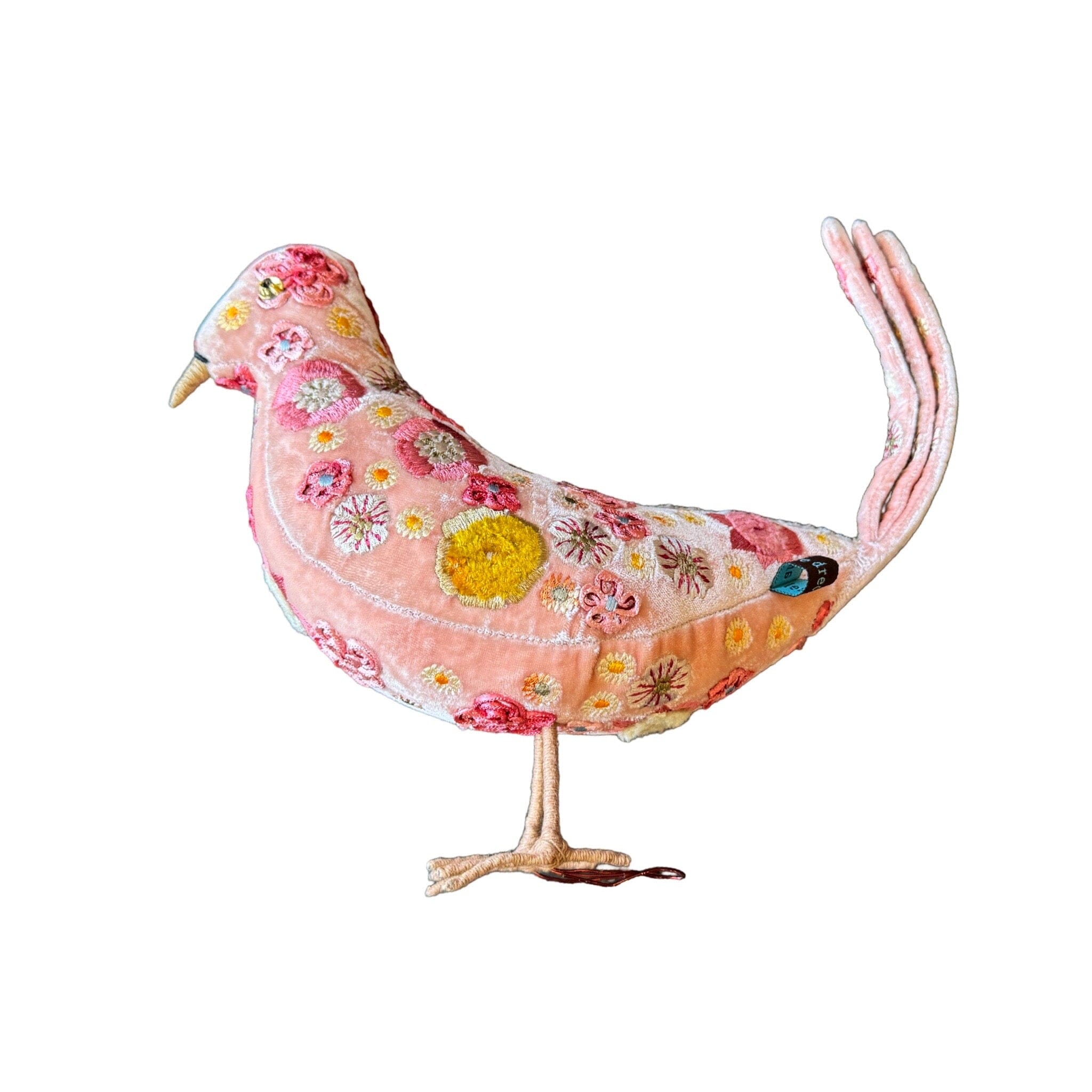 Hand Embroidered Silk Velvet Standing Dove Objet d'Art Anke Drechsel BEAUTY Old Rose