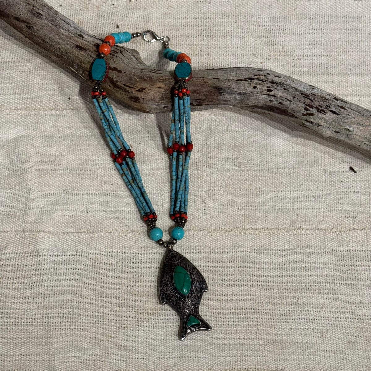 Handmade Artfully Beaded Necklace with Beautiful Pendant from Thailand Necklace Bangkok Turquoise with Fish Pendant
