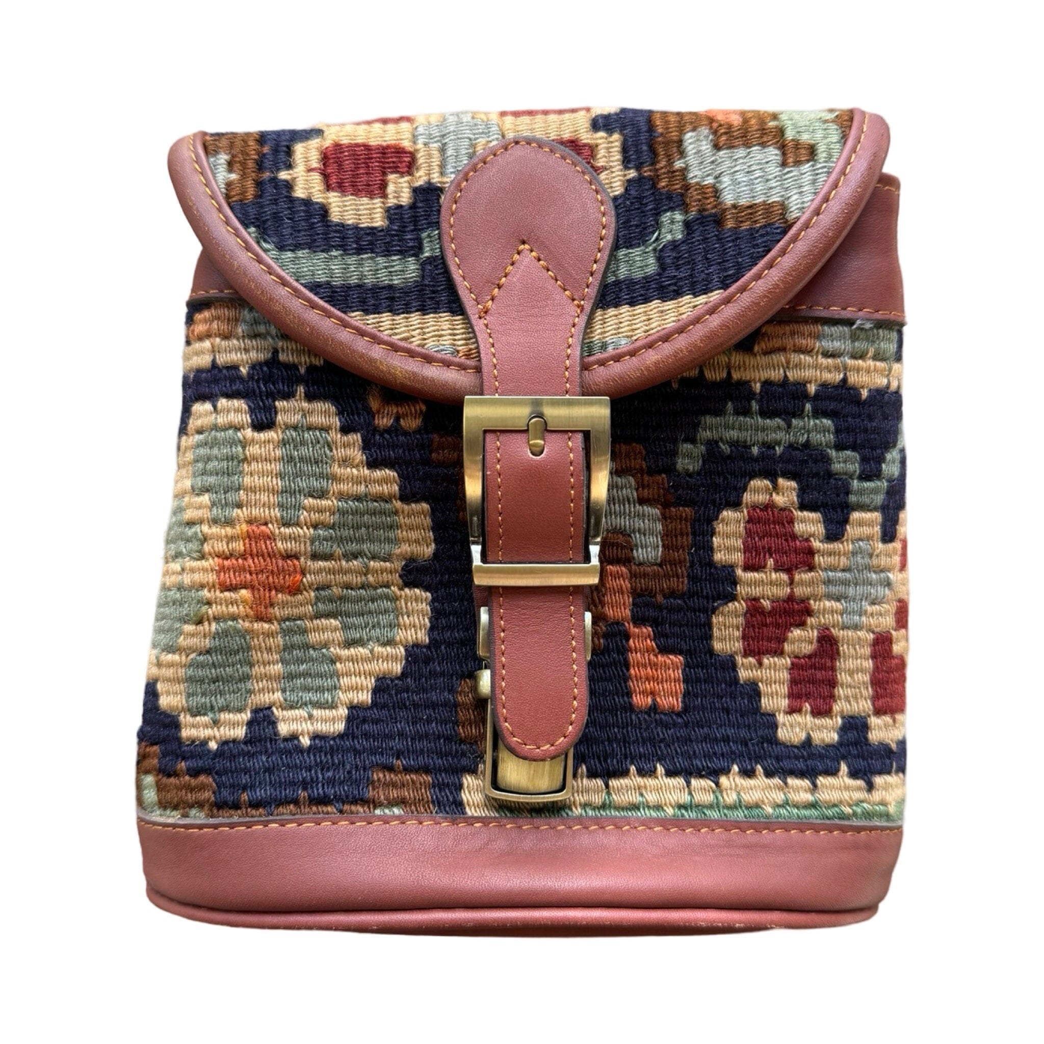 Handmade Kilim Bag with Thin Leather Cording Strap | 7 x 6 1/2 x 2" Purse Orient A