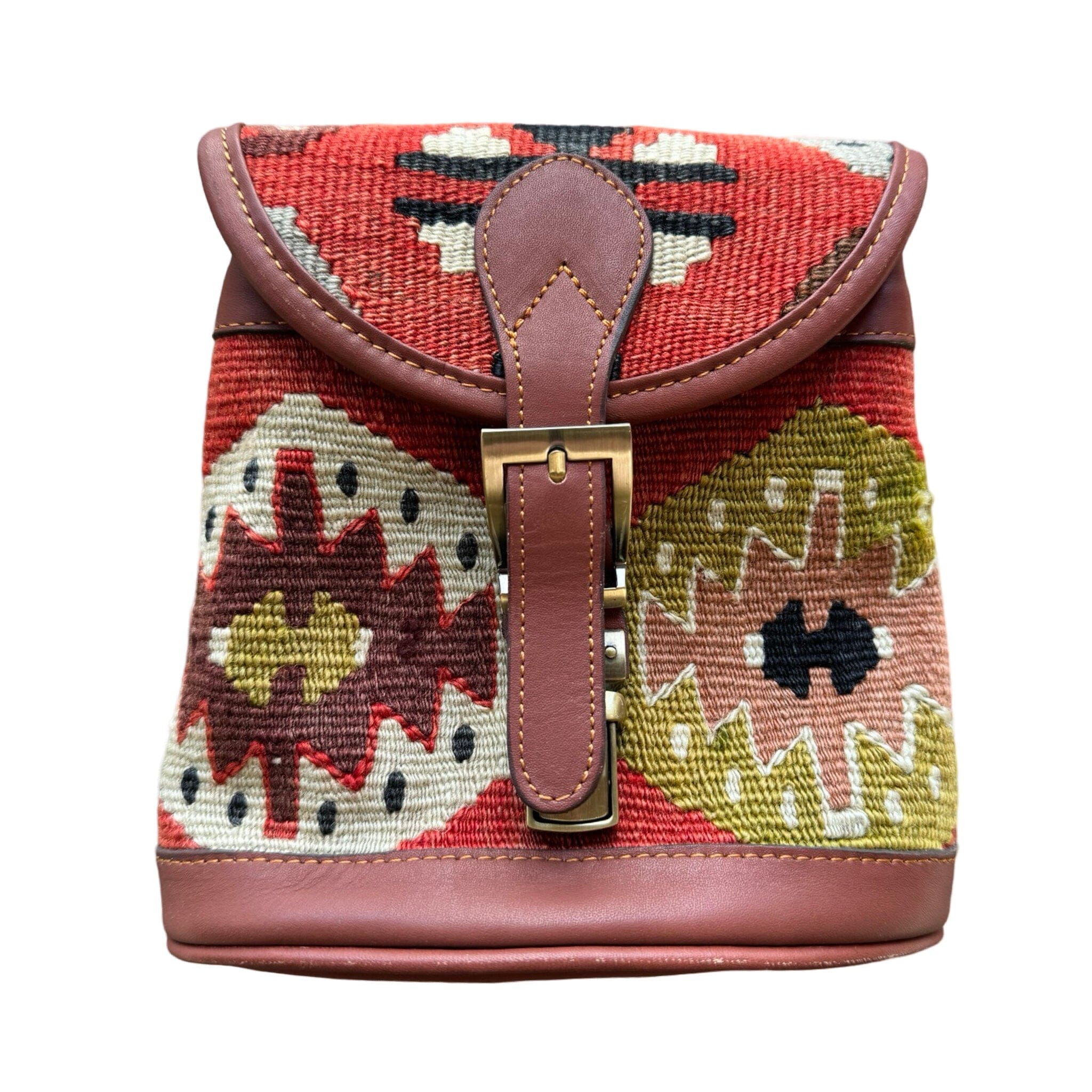 Handmade Kilim Bag with Thin Leather Cording Strap | 7 x 6 1/2 x 2" Purse Orient B