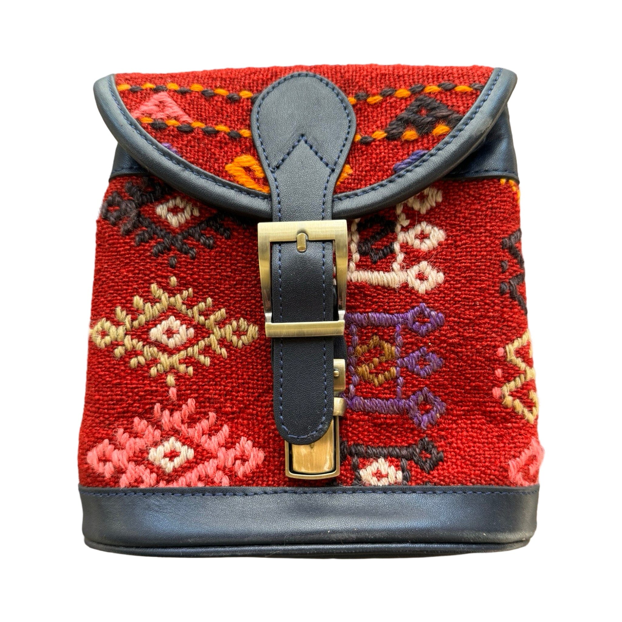 Handmade Kilim Bag with Thin Leather Cording Strap | 7 x 6 1/2 x 2" Purse Orient F