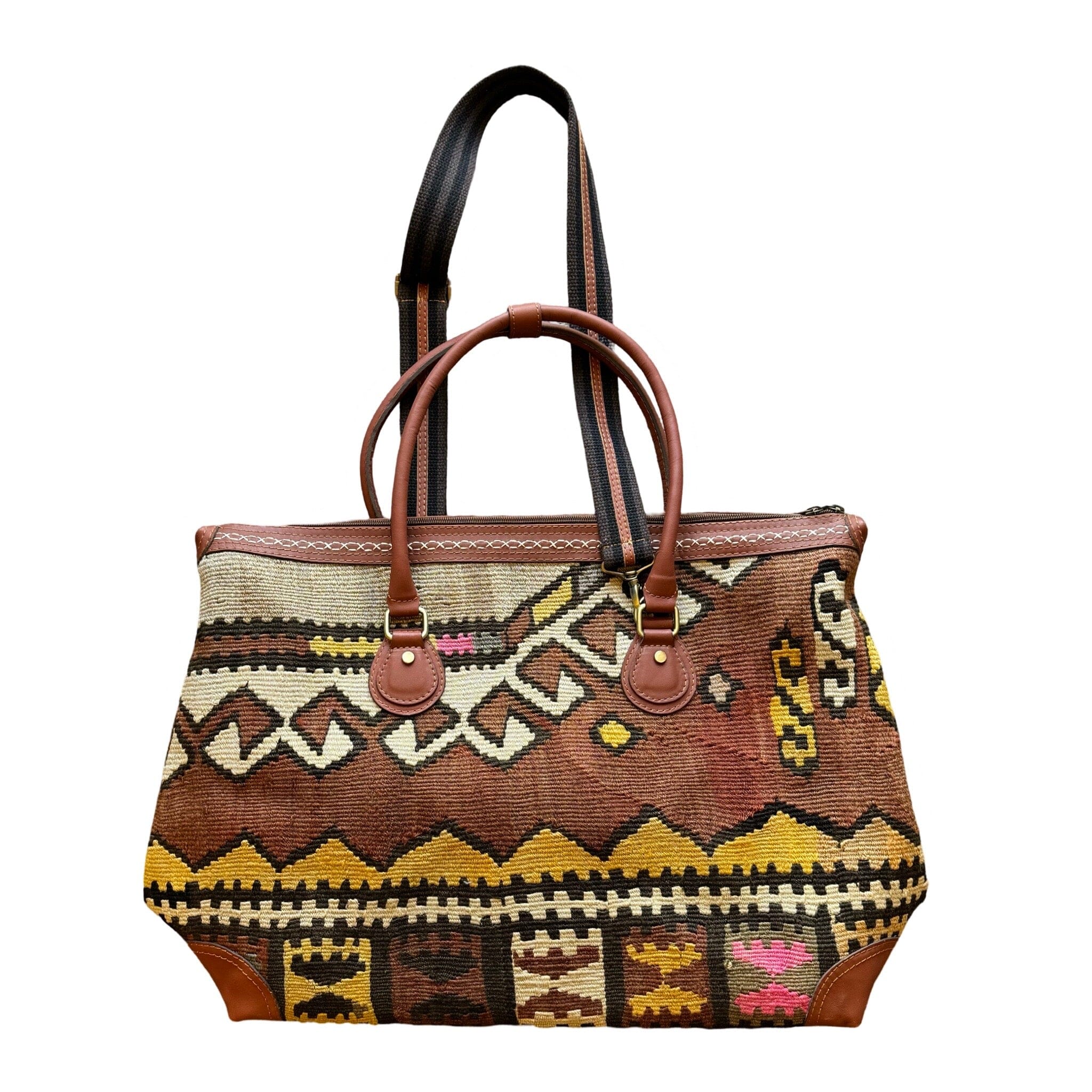 Handmade Kilim Duffle Bag with Short Leather Straps and Long