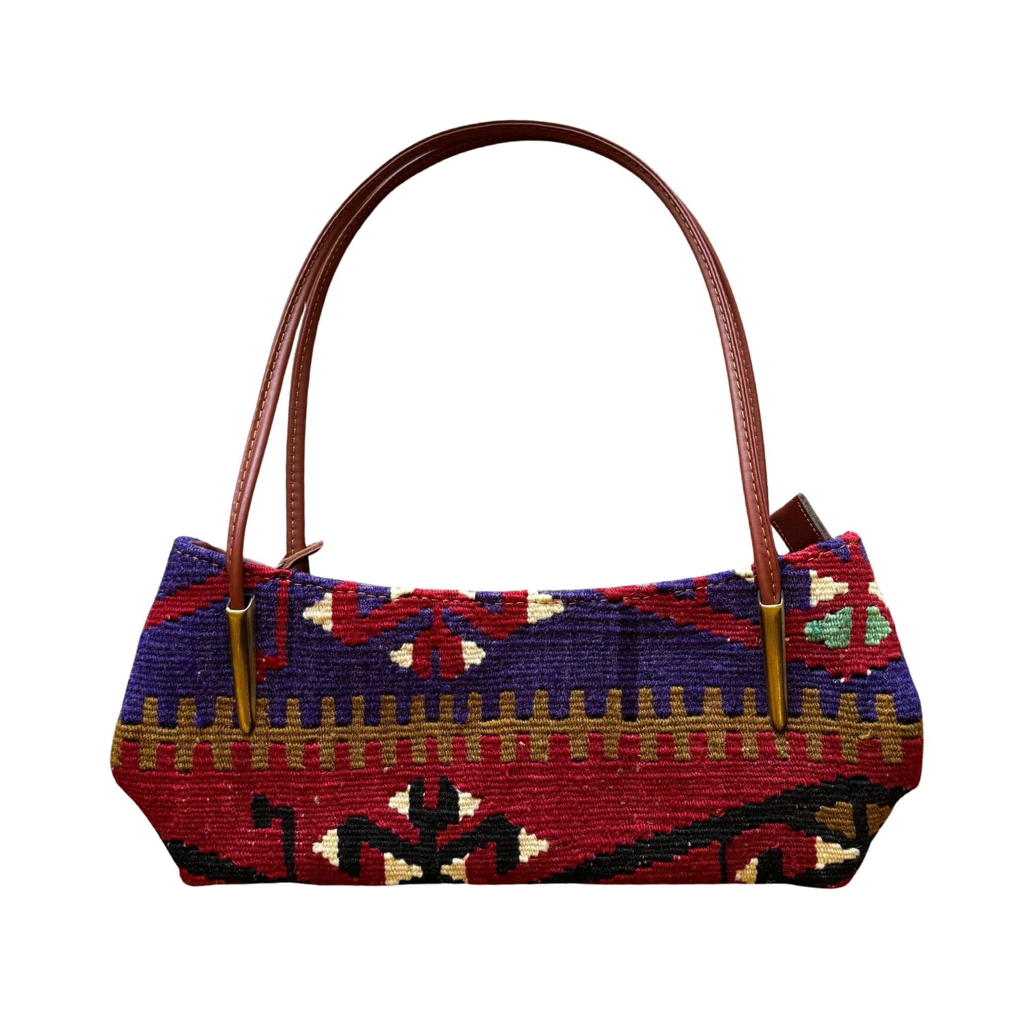 Handmade Kilim Handbag with Short Leather Cording Straps | 13 x 5" Bag Orient