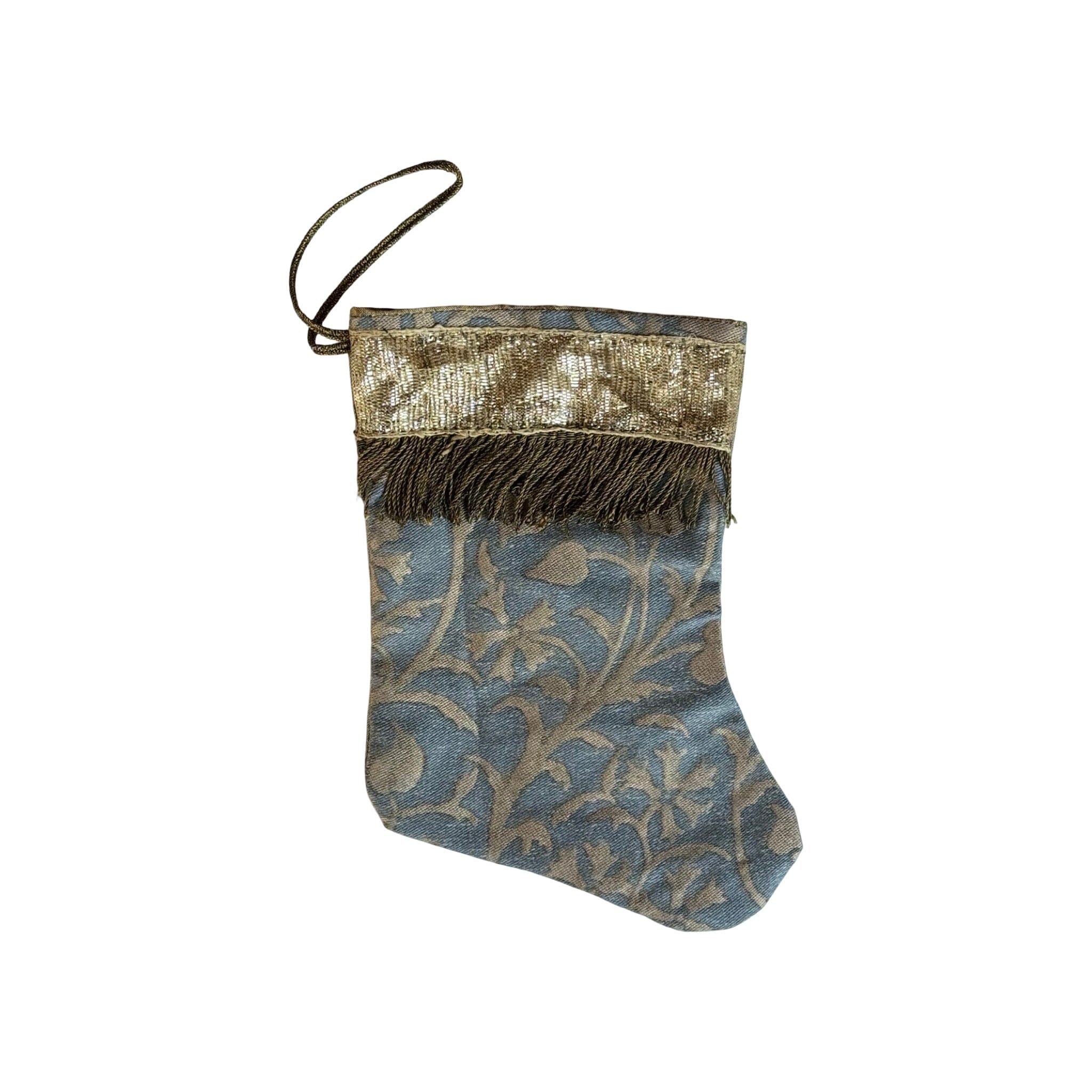 Handmade Mini Stocking from Antique and Vintage Textiles - Blue Fortuny Ornament B. Viz Design D