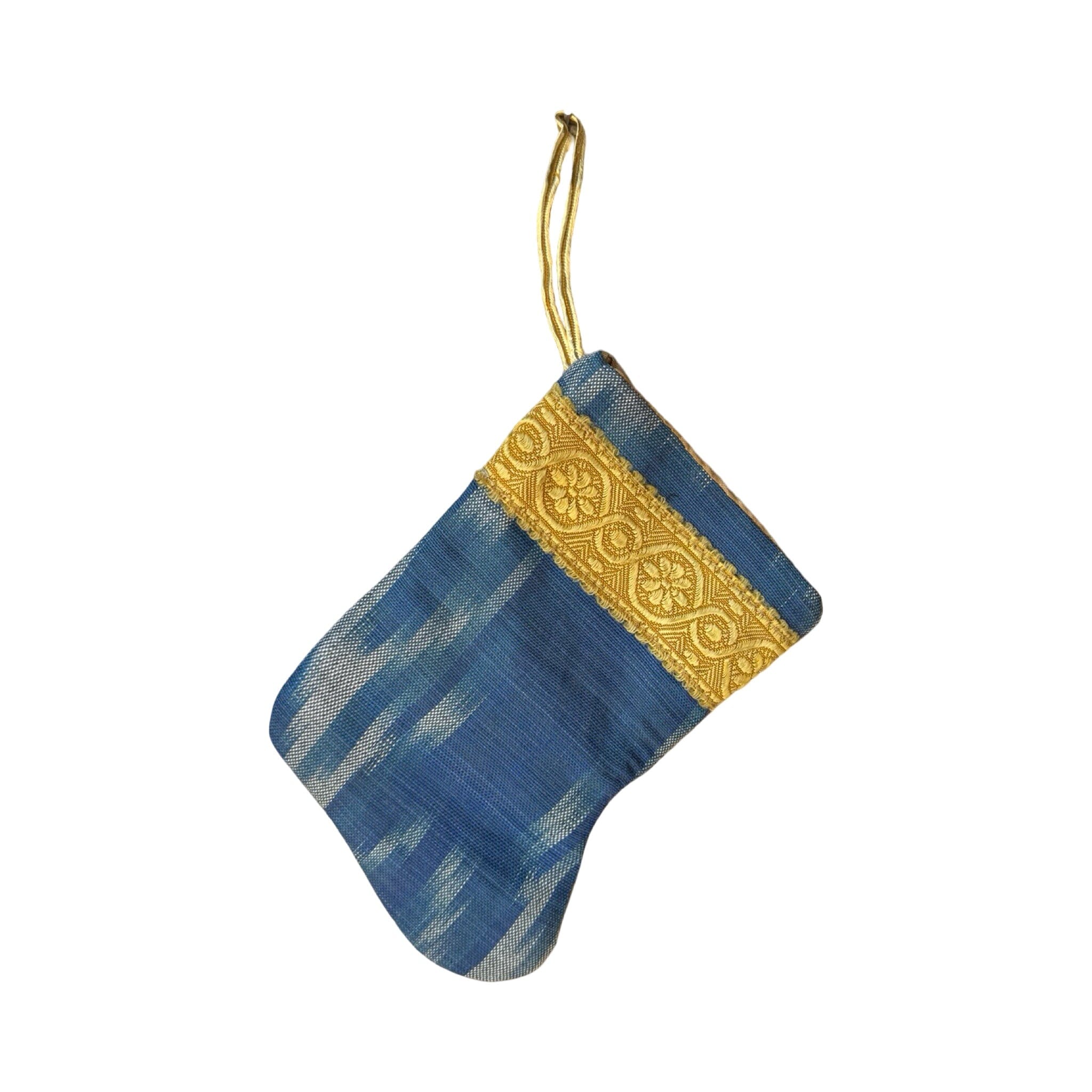 Handmade Mini Stocking from Antique and Vintage Textiles - Blue Silk Ikat Ornament B. Viz Design I