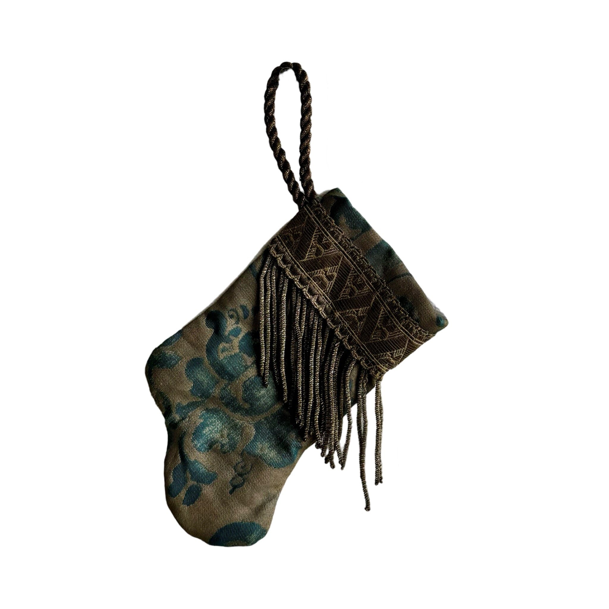 Handmade Mini Stocking from Antique Textiles - Aged Blue and Bronzed Silver Fortuny Ornament B. Viz Design A