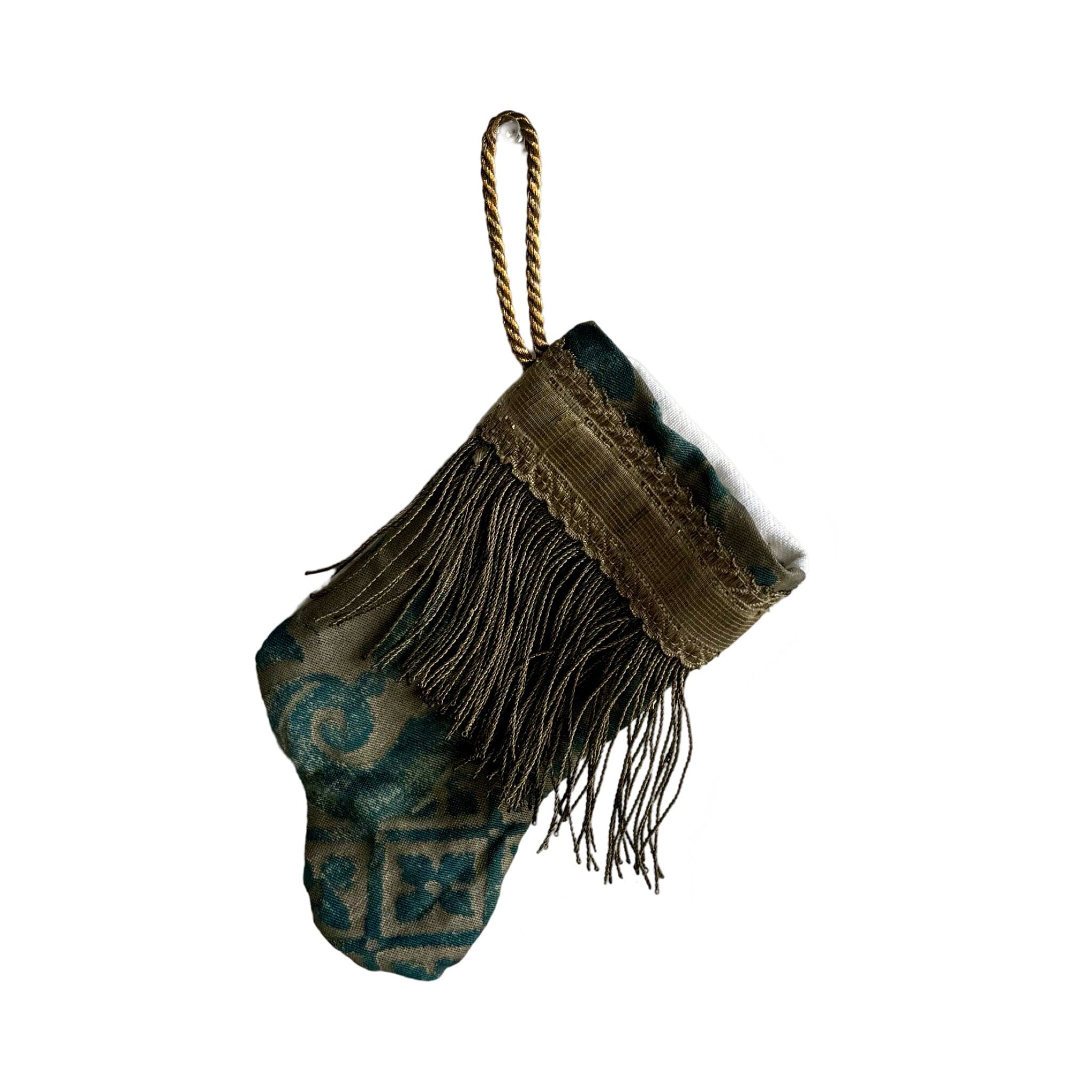 Handmade Mini Stocking from Antique Textiles - Aged Blue and Bronzed Silver Fortuny Ornament B. Viz Design B