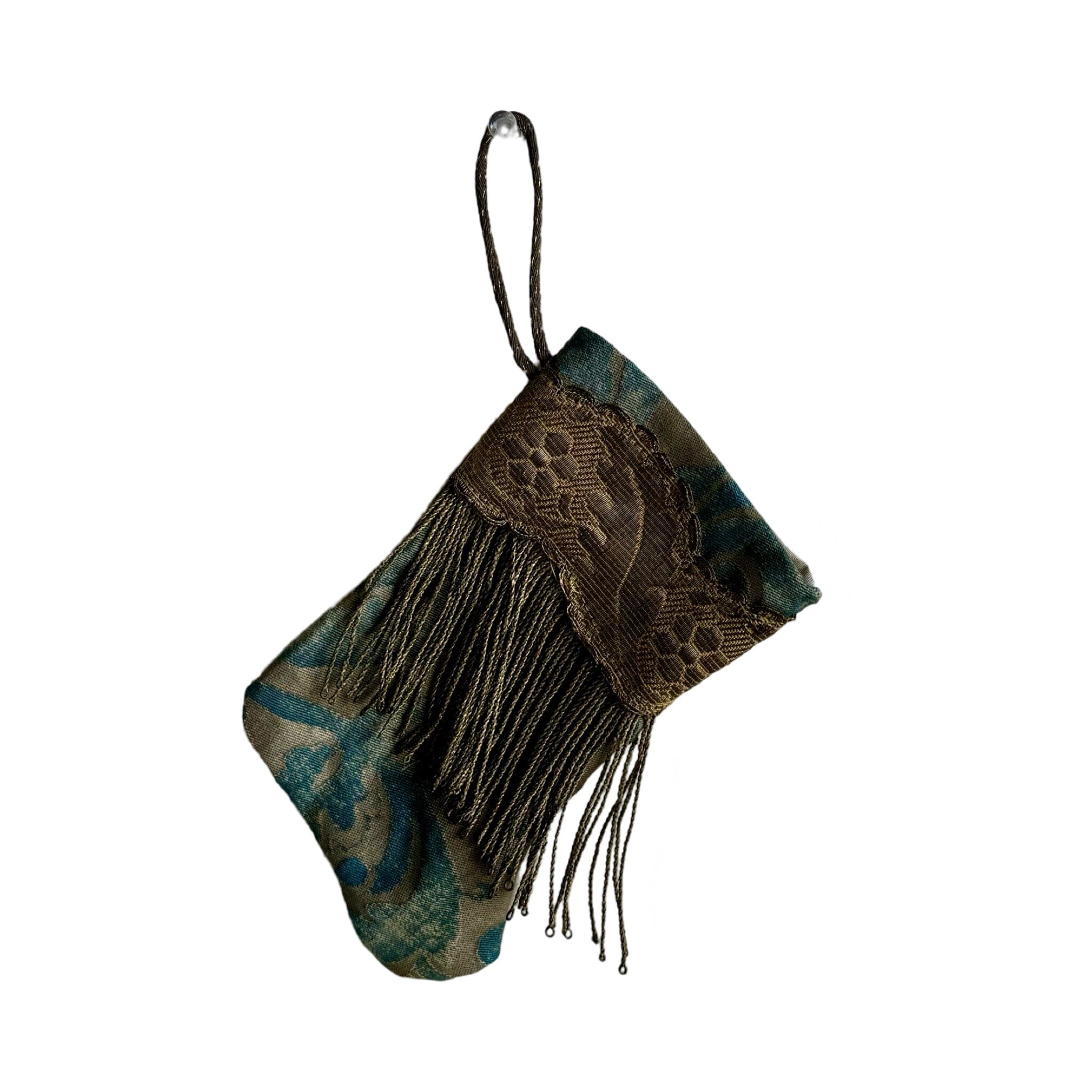 Handmade Mini Stocking from Antique Textiles - Aged Blue and Bronzed Silver Fortuny Ornament B. Viz Design C