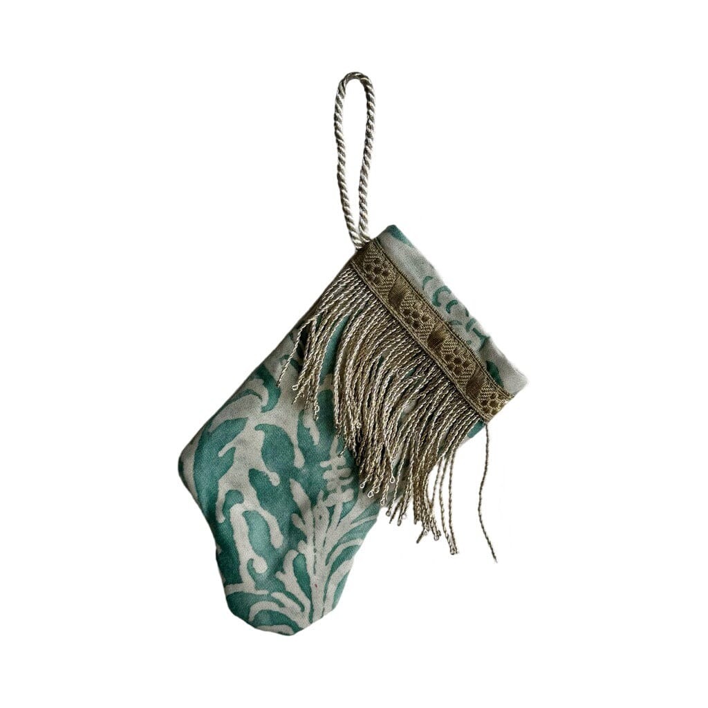 Handmade Mini Stocking from Antique Textiles - Aqua and White Fortuny Ornament B. Viz Design A