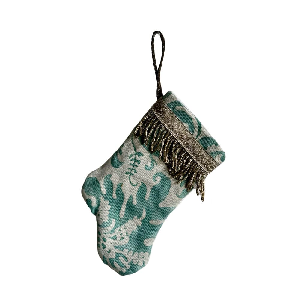 Handmade Mini Stocking from Antique Textiles - Aqua and White Fortuny Ornament B. Viz Design B