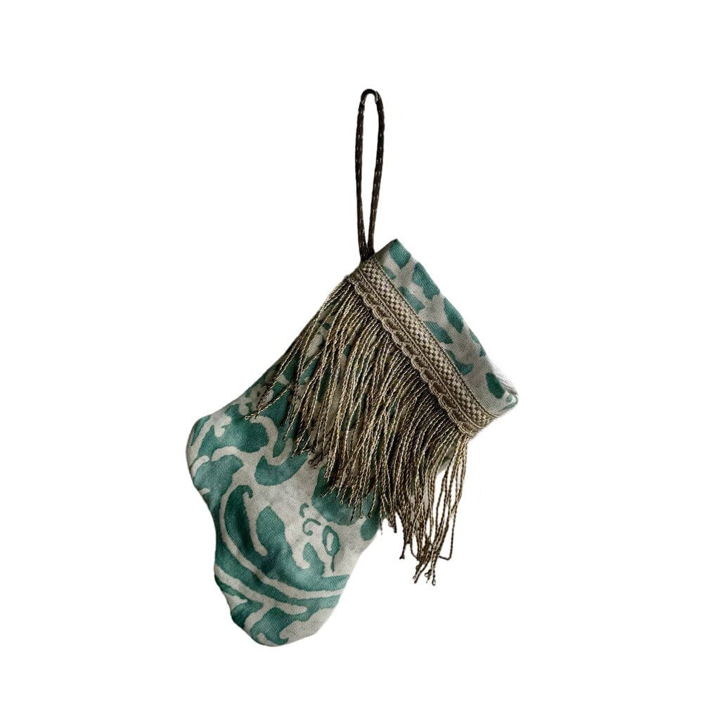Handmade Mini Stocking from Antique Textiles - Aqua and White Fortuny Ornament B. Viz Design E