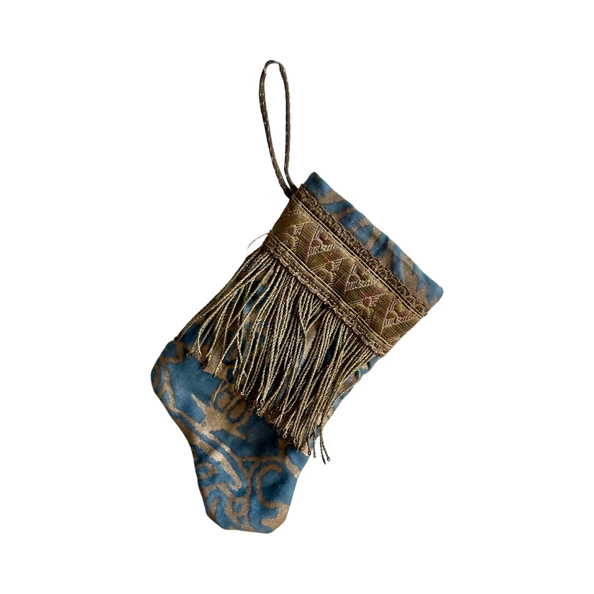 Handmade Mini Stocking from Antique Textiles - Blue and Bronze Fortuny Ornament B. Viz Design B