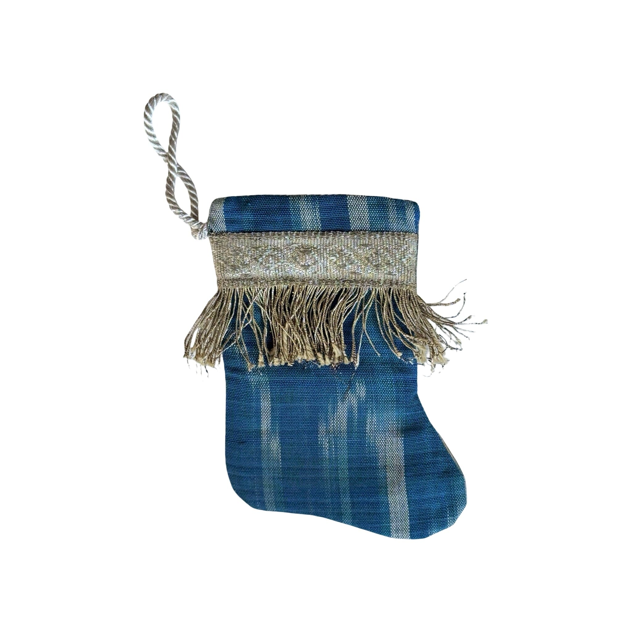 Handmade Mini Stocking from Antique Textiles - Blue Silk Ikat Ornament B. Viz Design C