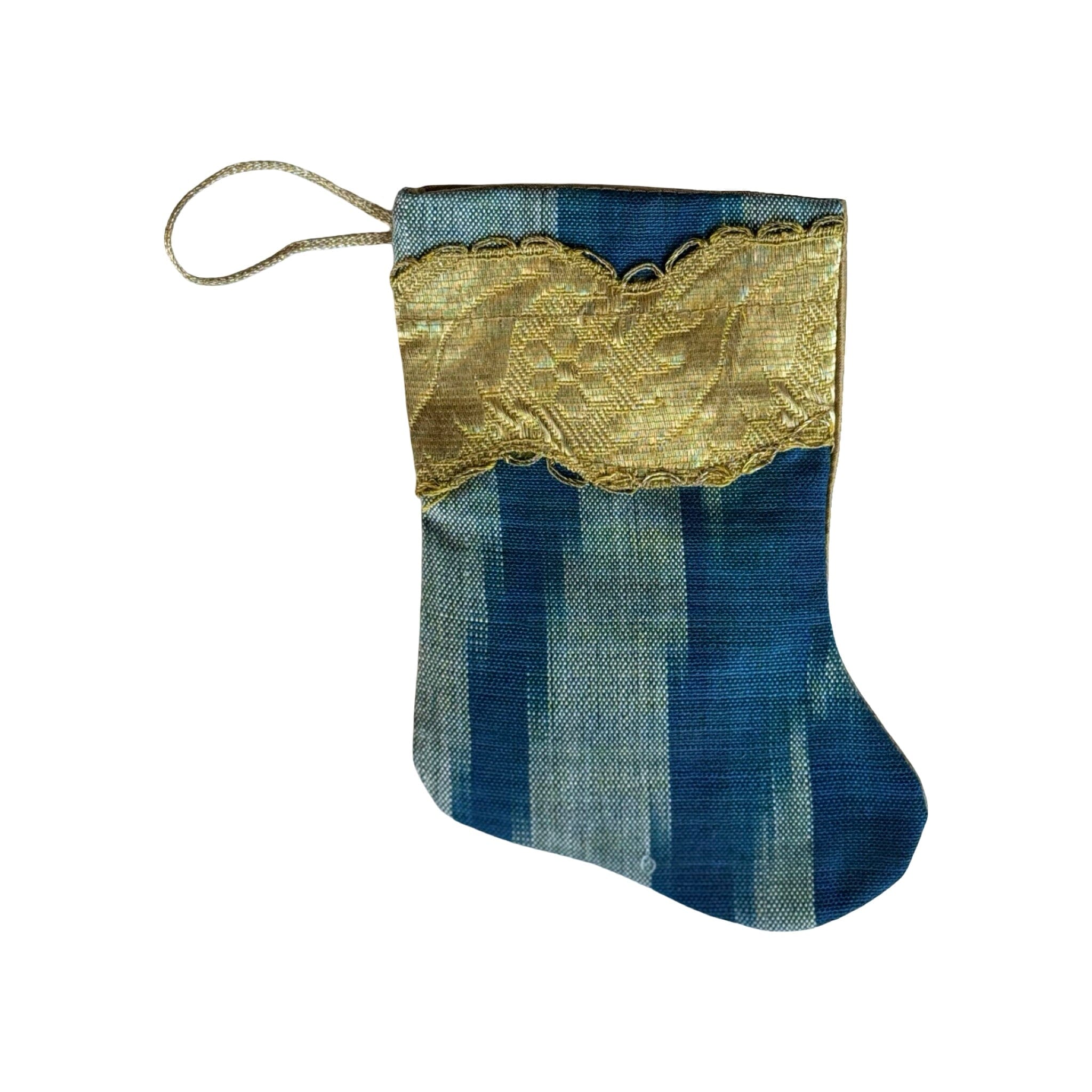 Handmade Mini Stocking from Antique Textiles - Blue Silk Ikat Ornament B. Viz Design G