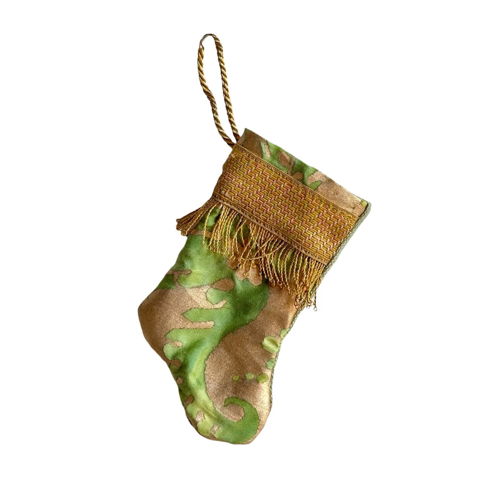 Handmade Mini Stocking from Antique Textiles - Bronzed Gold and Green Fortuny Ornament B. Viz Design B