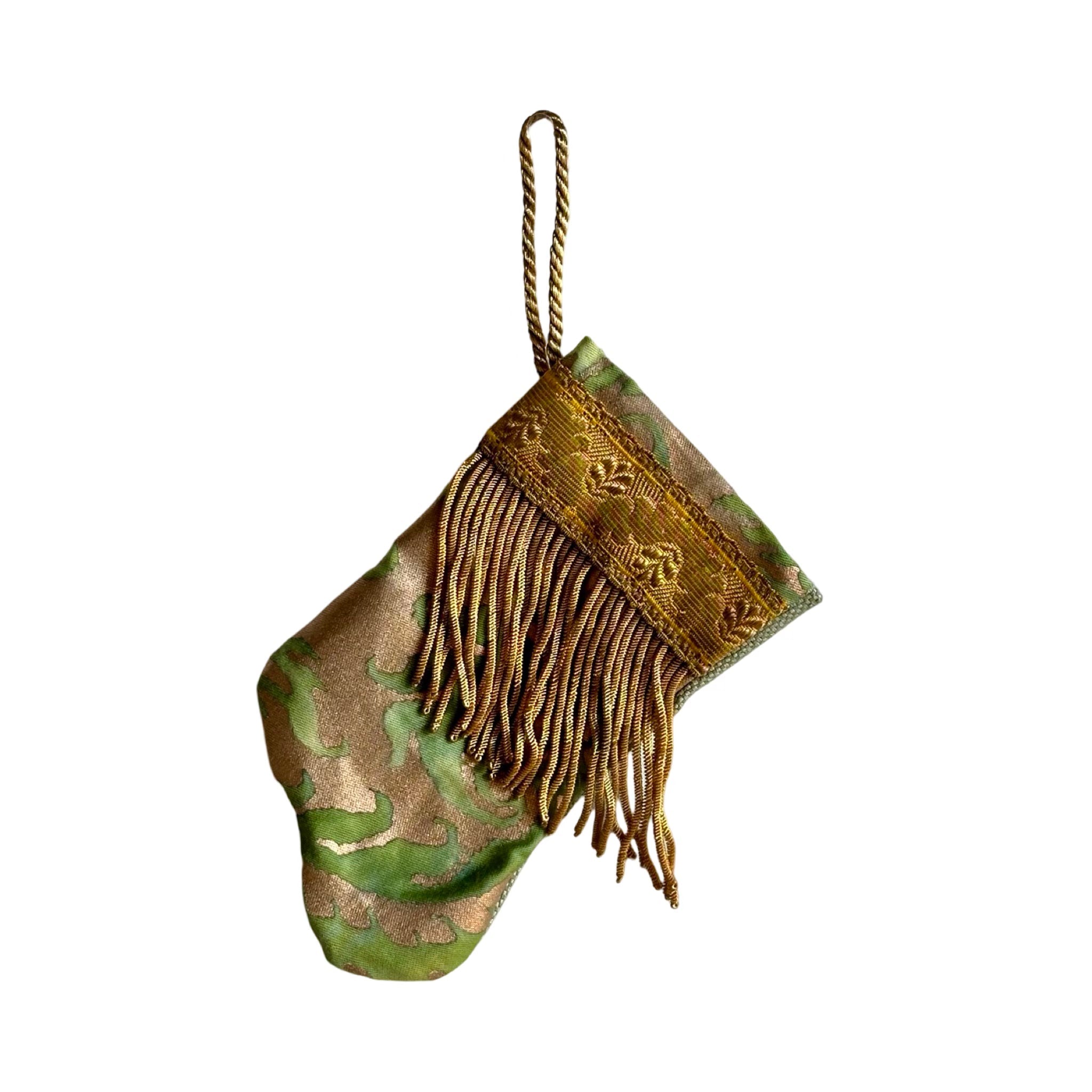 Handmade Mini Stocking from Antique Textiles - Bronzed Gold and Green Fortuny Ornament B. Viz Design C