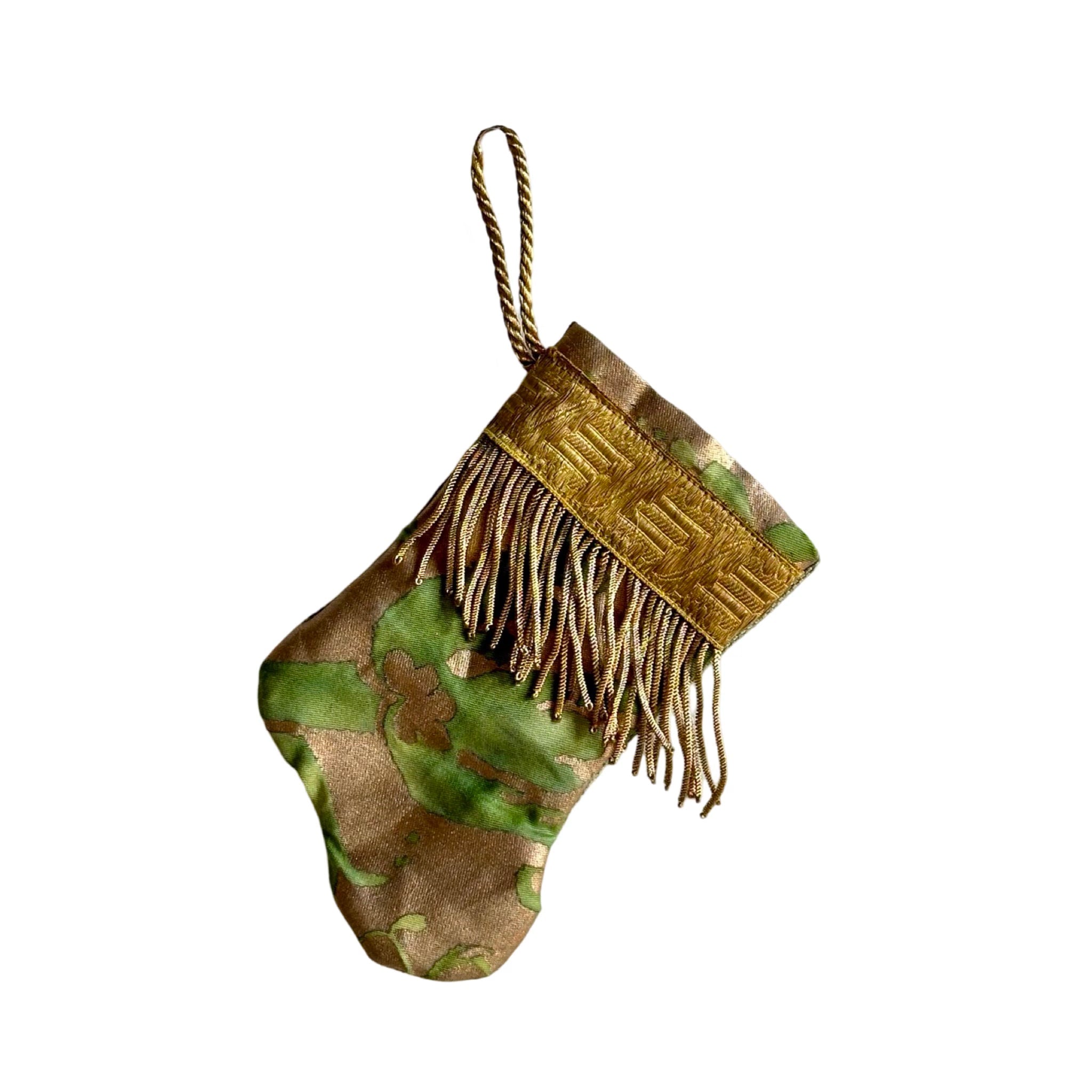 Handmade Mini Stocking from Antique Textiles - Bronzed Gold and Green Fortuny Ornament B. Viz Design D