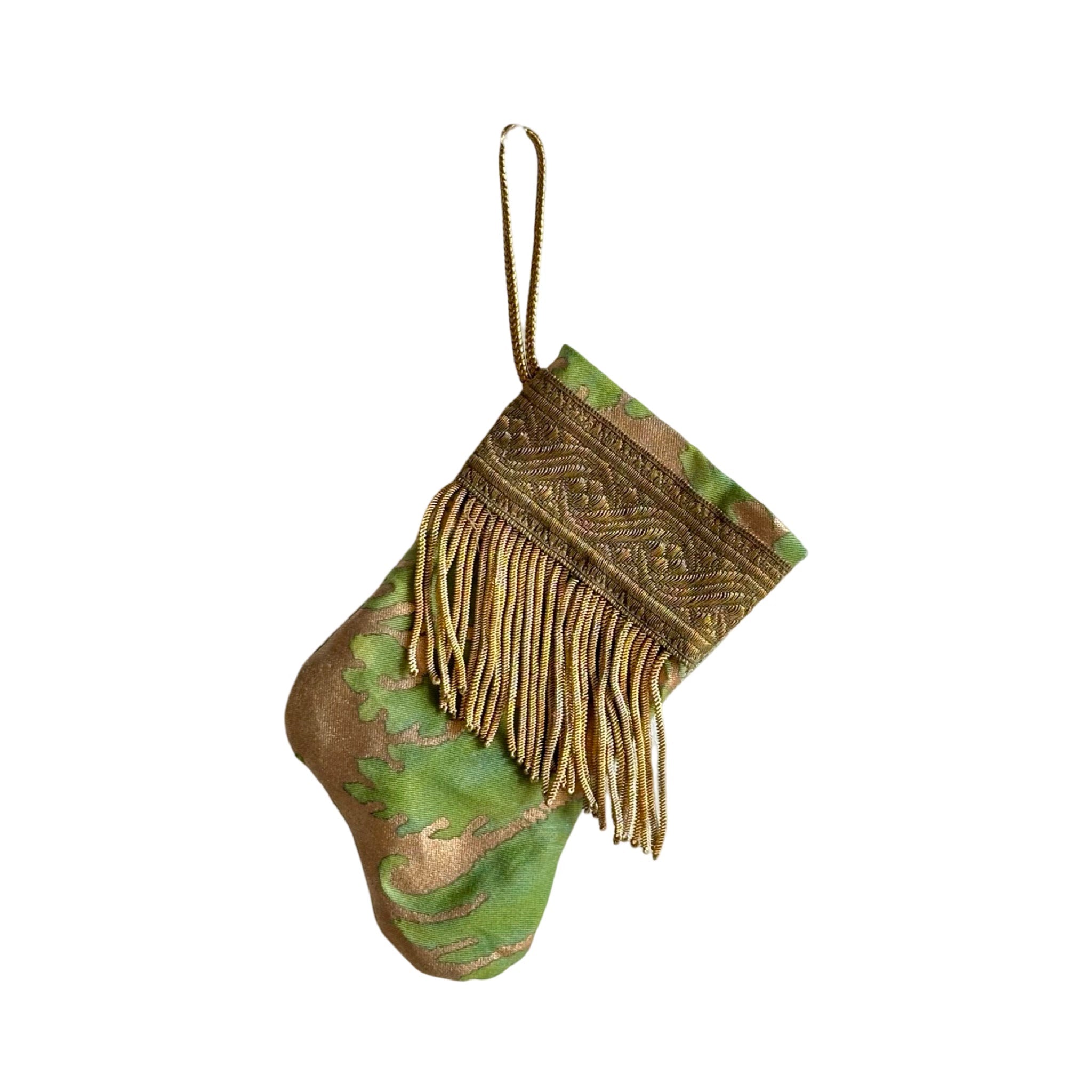 Handmade Mini Stocking from Antique Textiles - Bronzed Gold and Green Fortuny Ornament B. Viz Design G