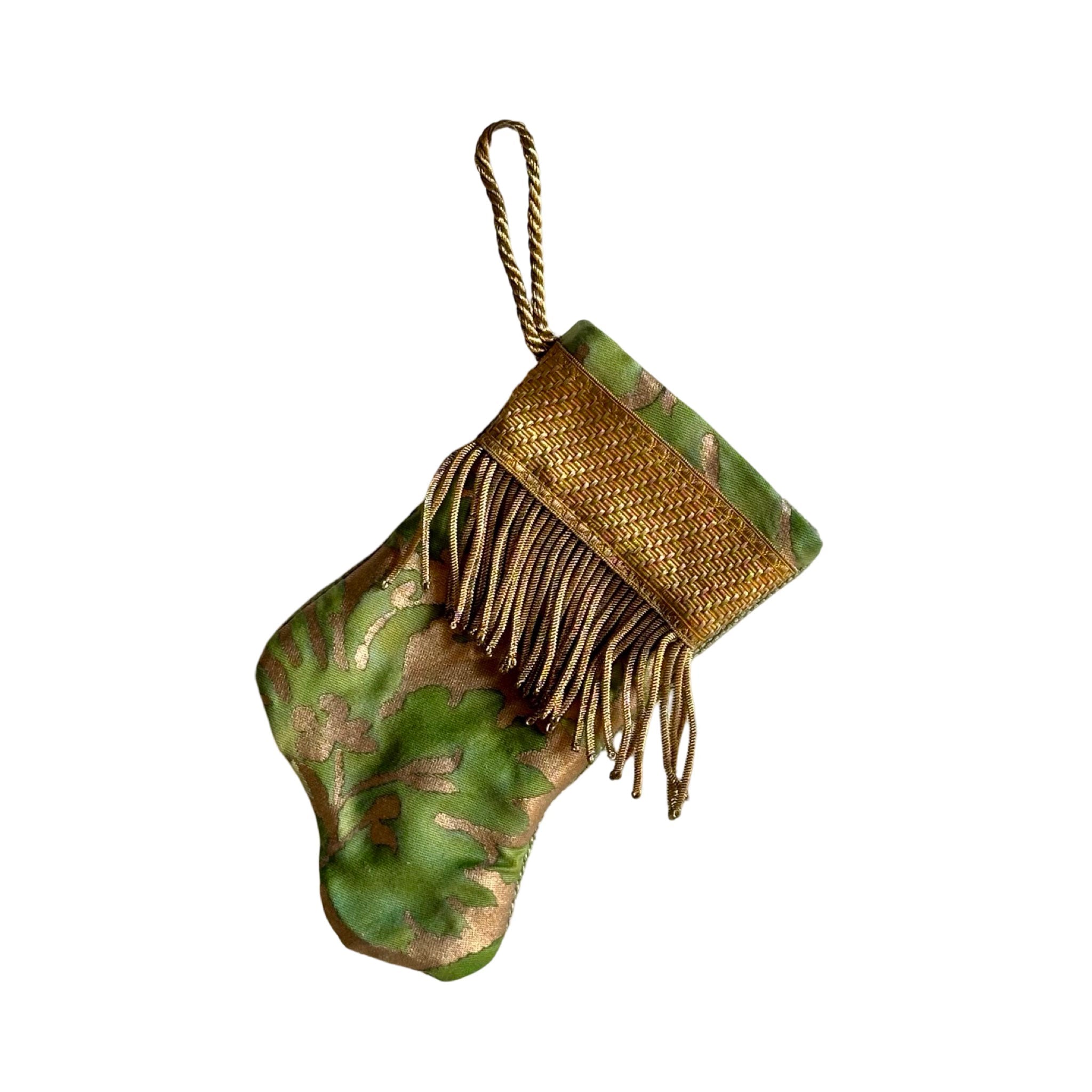 Handmade Mini Stocking from Antique Textiles - Bronzed Gold and Green Fortuny Ornament B. Viz Design I