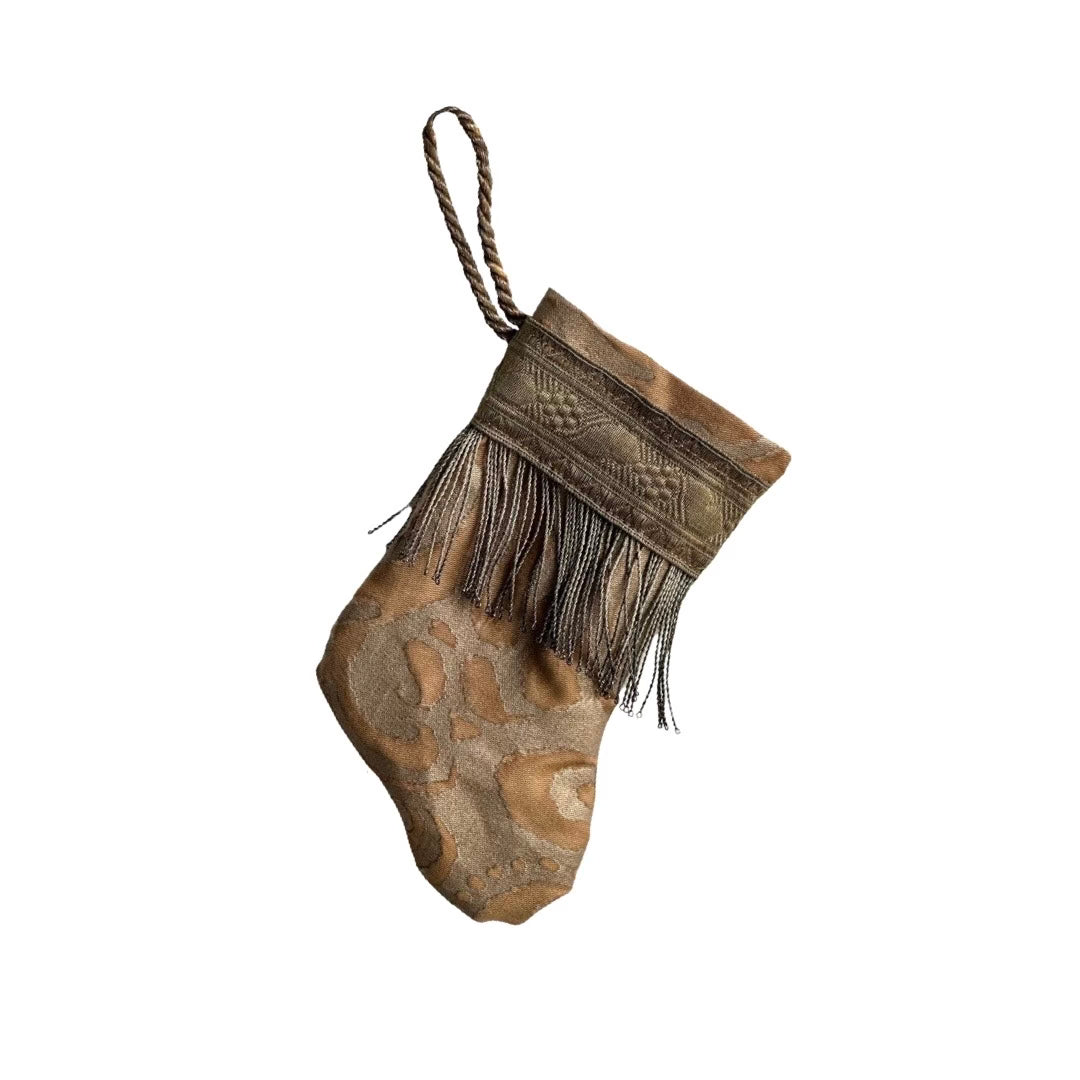 Handmade Mini Stocking from Antique Textiles - Bronzed Gold and Metallic Fortuny Ornament B. Viz Design C