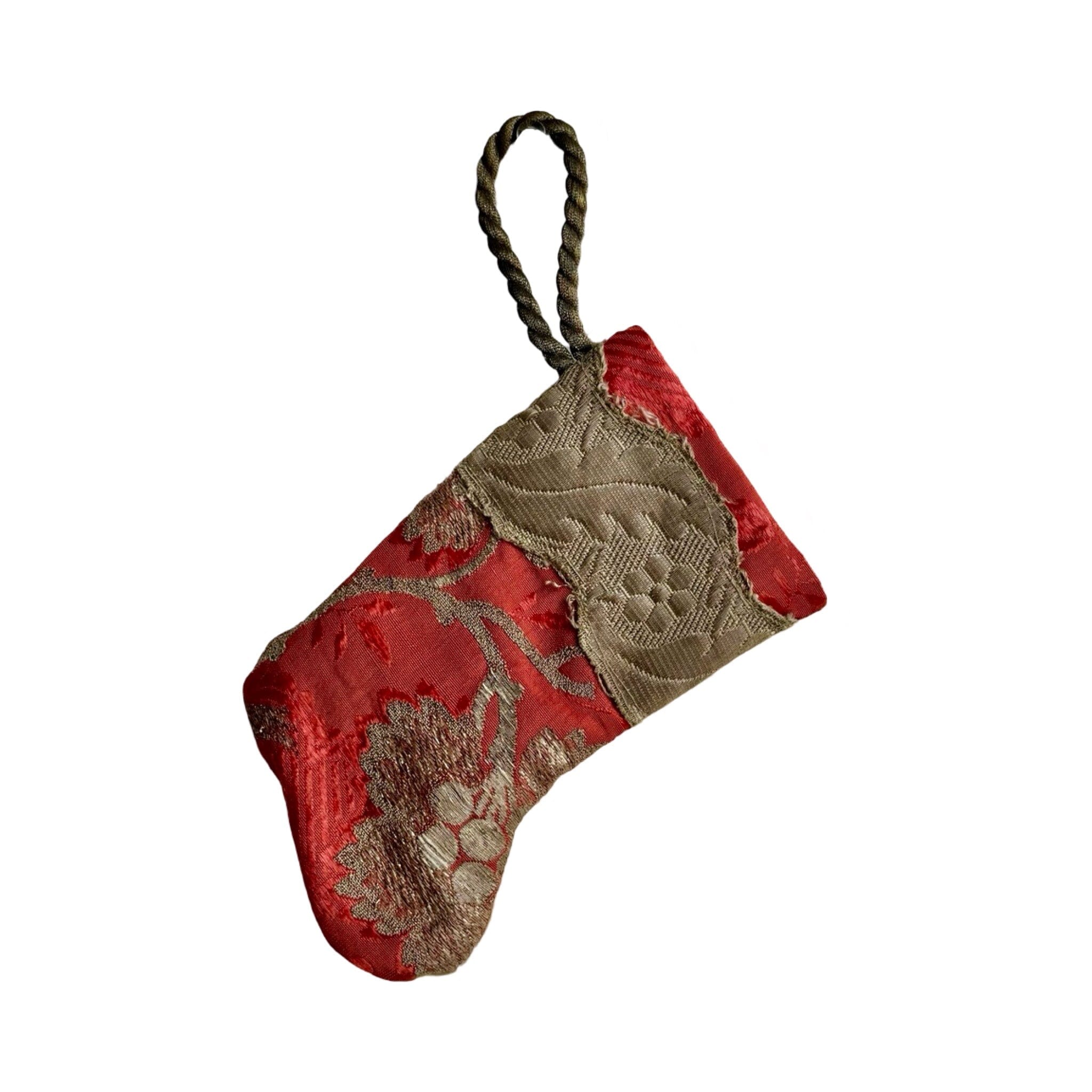 Handmade Mini Stocking from Antique Textiles - Coral and Silver Ornament B. Viz Design A