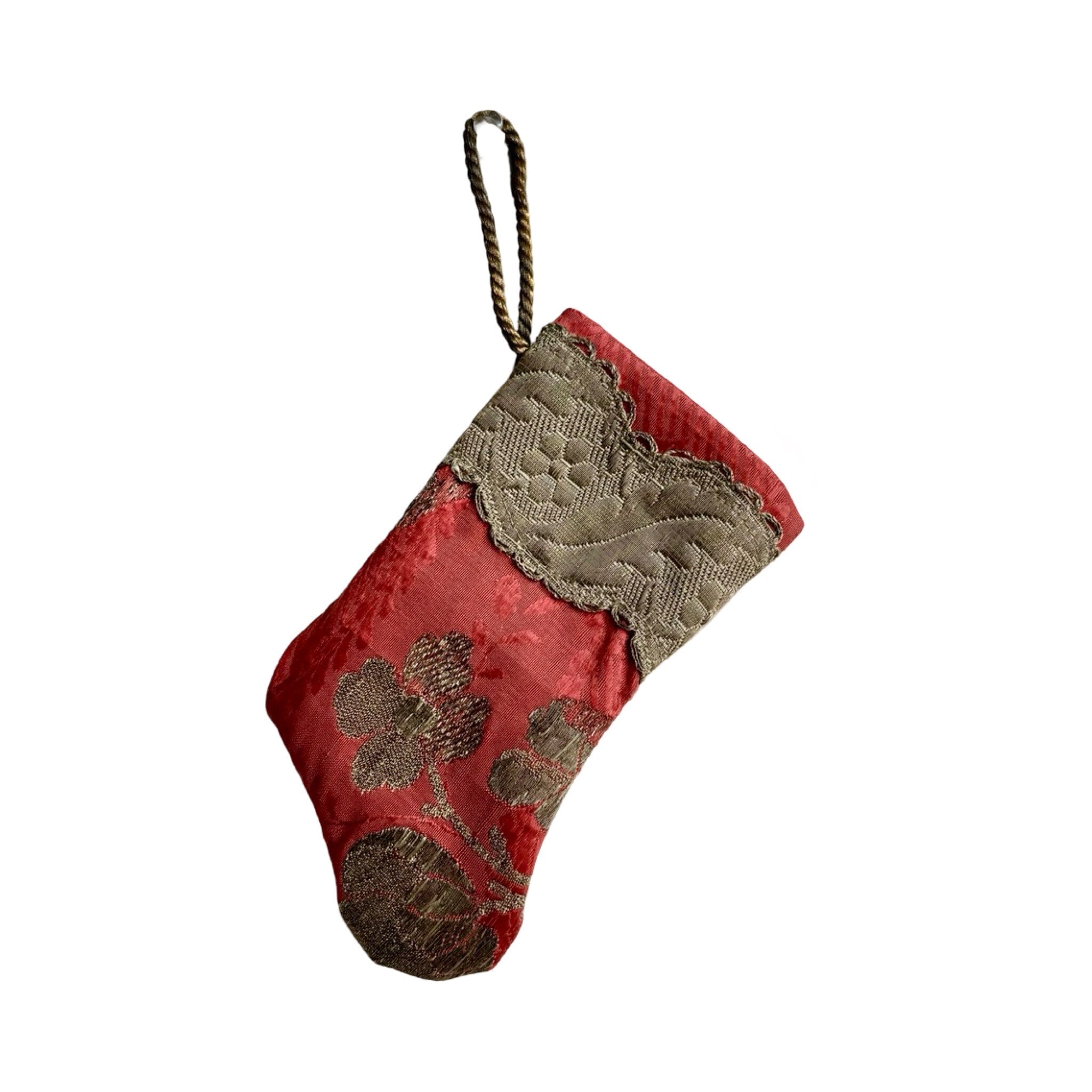 Handmade Mini Stocking from Antique Textiles - Coral and Silver Ornament B. Viz Design B