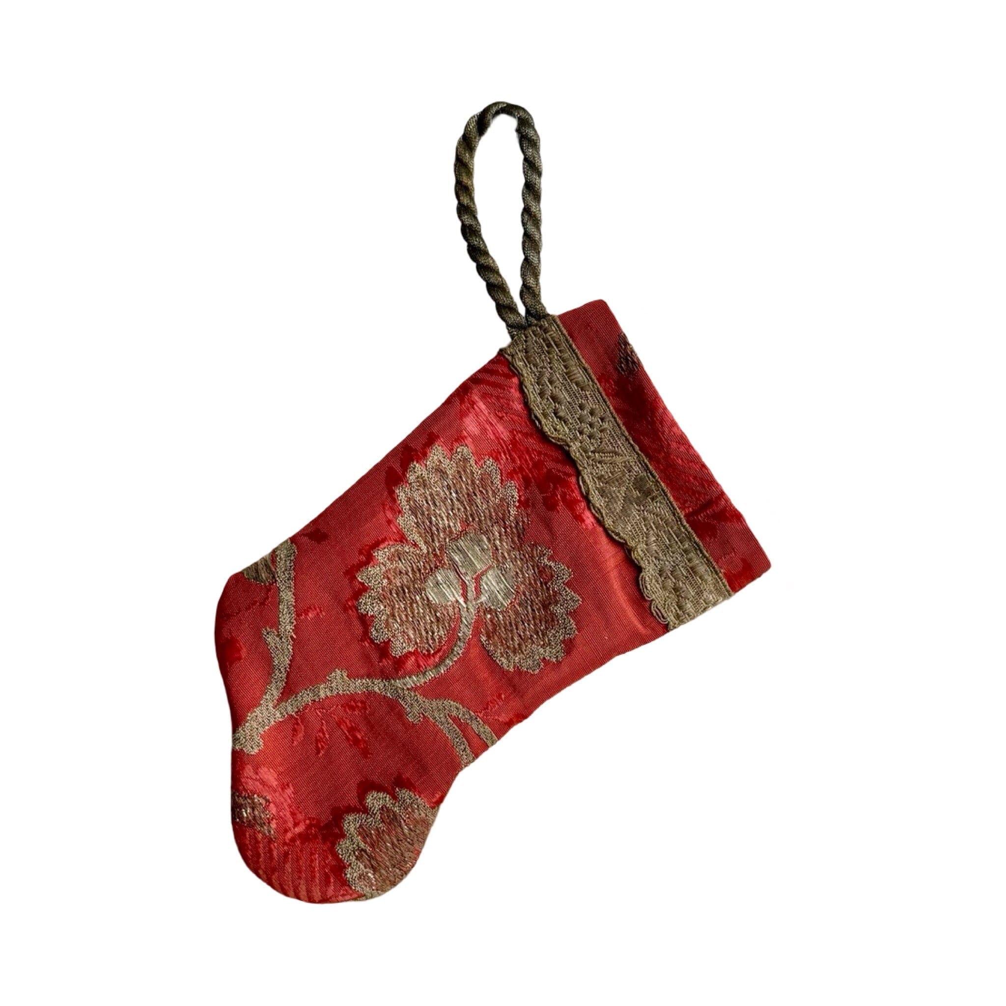 Handmade Mini Stocking from Antique Textiles - Coral and Silver Ornament B. Viz Design E