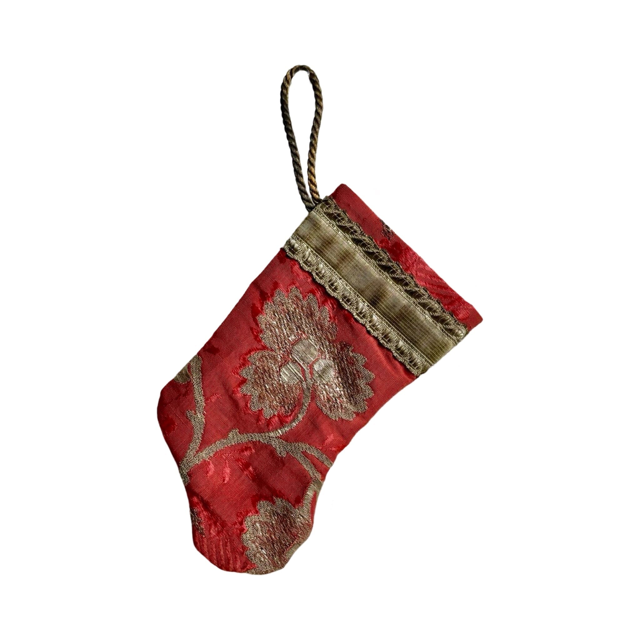 Handmade Mini Stocking from Antique Textiles - Coral and Silver Ornament B. Viz Design I