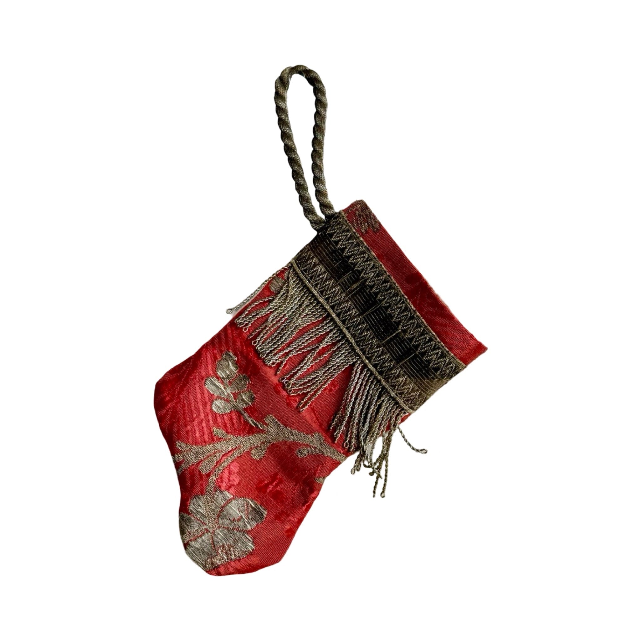 Handmade Mini Stocking from Antique Textiles - Coral and Silver Ornament B. Viz Design J