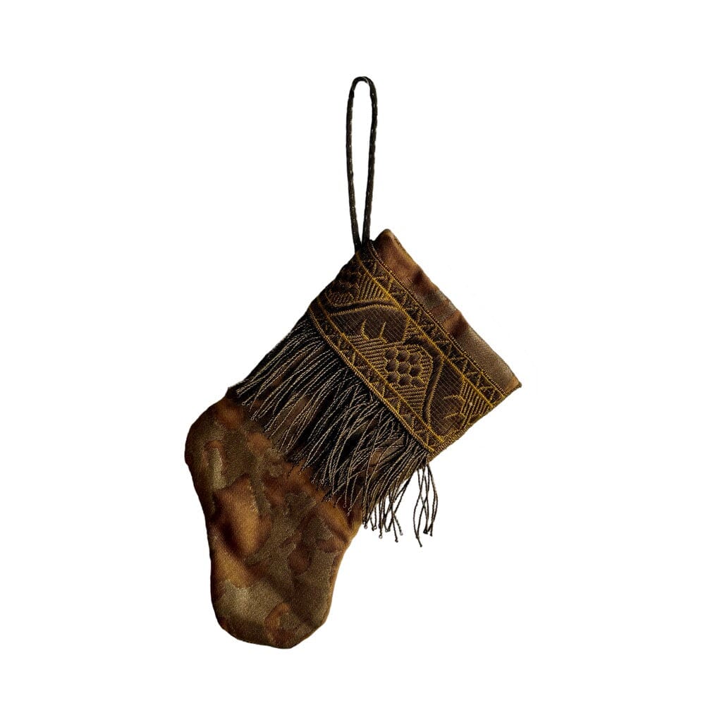 Handmade Mini Stocking from Antique Textiles - Desert Tan with Bronze Fortuny Ornament B. Viz Design B