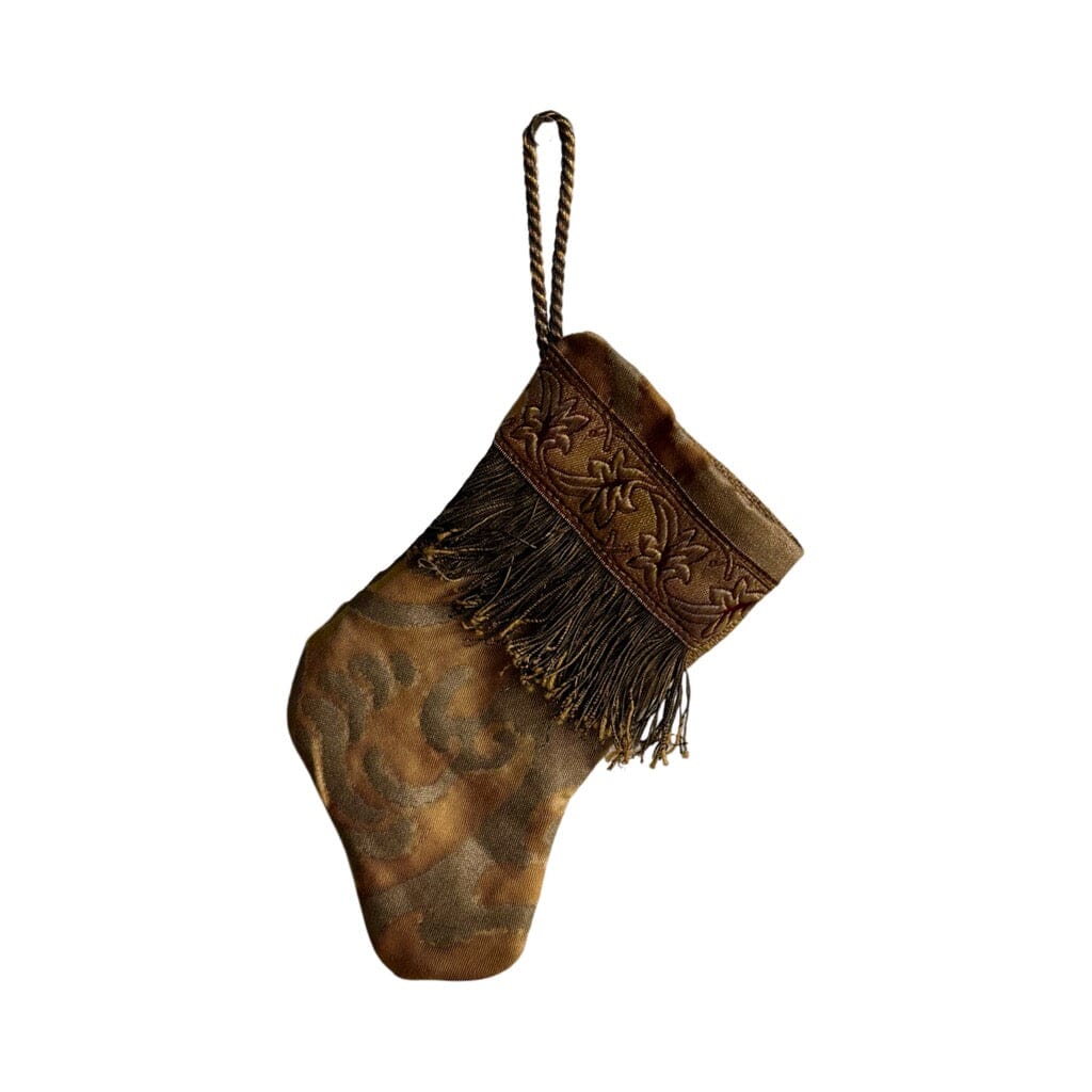 Handmade Mini Stocking from Antique Textiles - Desert Tan with Bronze Fortuny Ornament B. Viz Design C