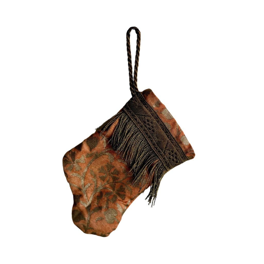 Handmade Mini Stocking from Antique Textiles - Orange and Bronzed Silver Fortuny Ornament B. Viz Design B