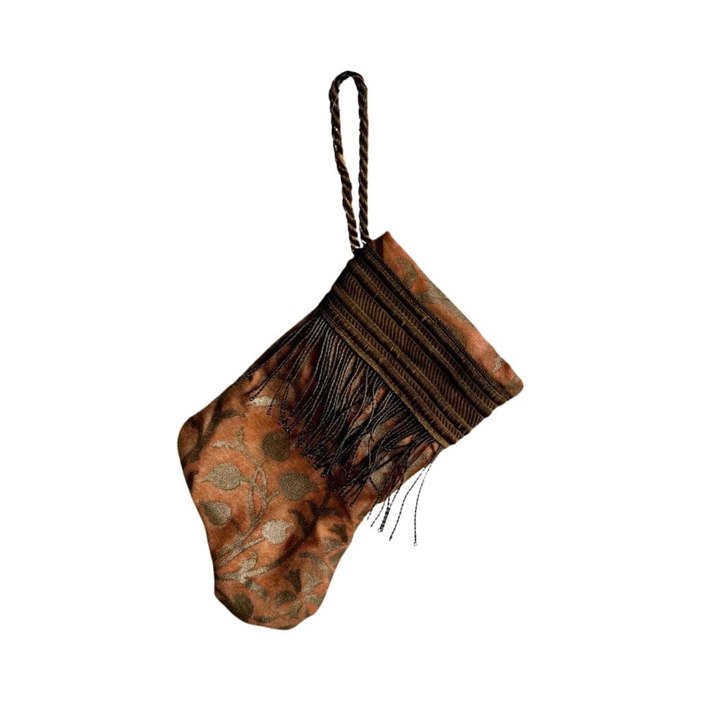 Handmade Mini Stocking from Antique Textiles - Orange and Bronzed Silver Fortuny Ornament B. Viz Design D