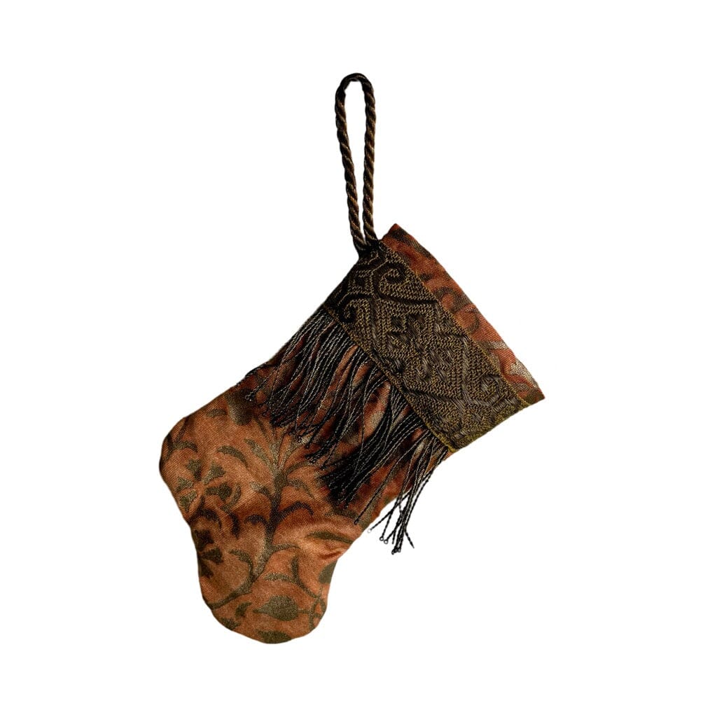 Handmade Mini Stocking from Antique Textiles - Orange and Bronzed Silver Fortuny Ornament B. Viz Design E