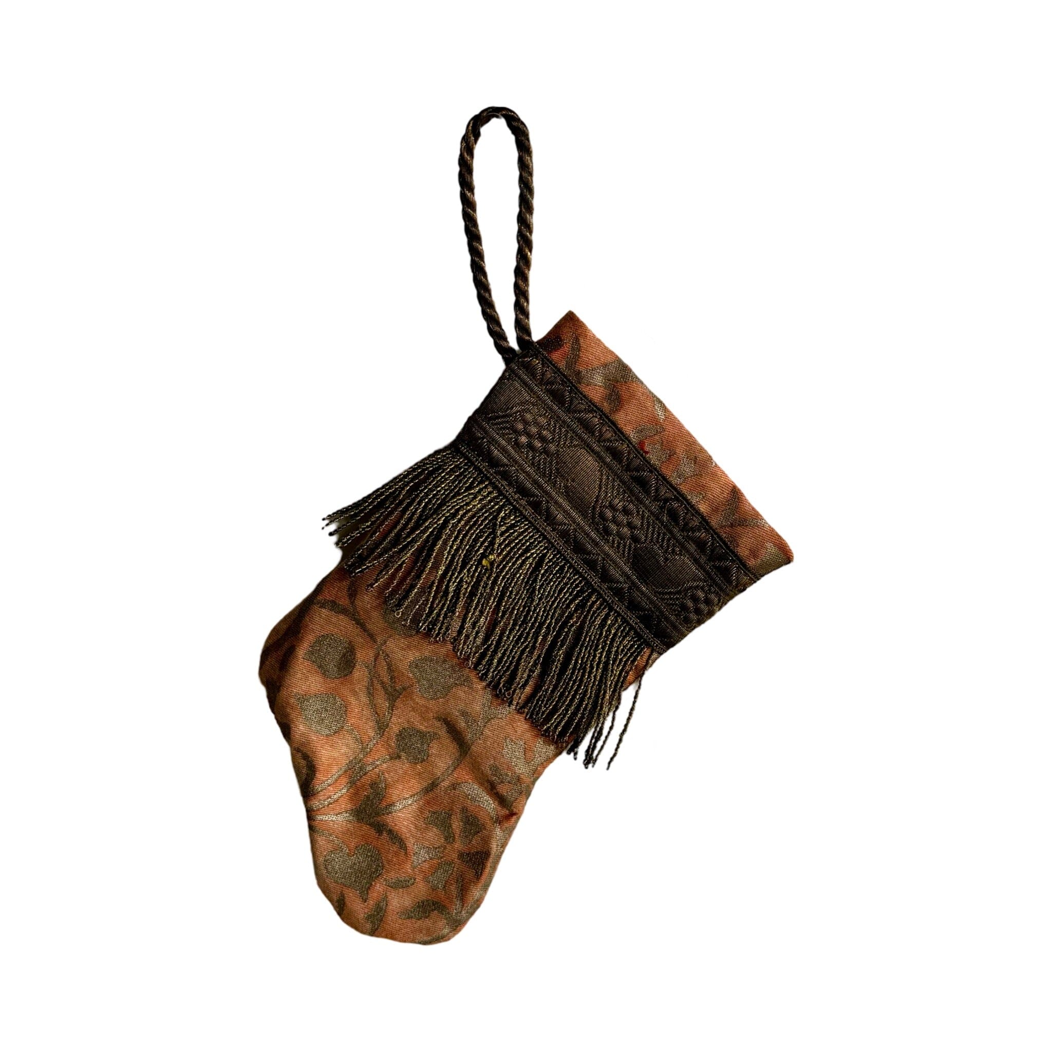 Handmade Mini Stocking from Antique Textiles - Orange and Bronzed Silver Fortuny Ornament B. Viz Design F