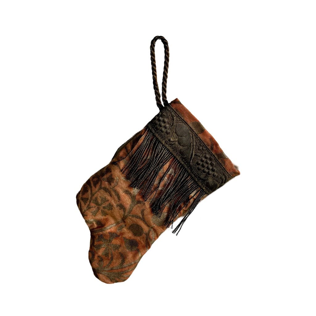 Handmade Mini Stocking from Antique Textiles - Orange and Bronzed Silver Fortuny Ornament B. Viz Design G
