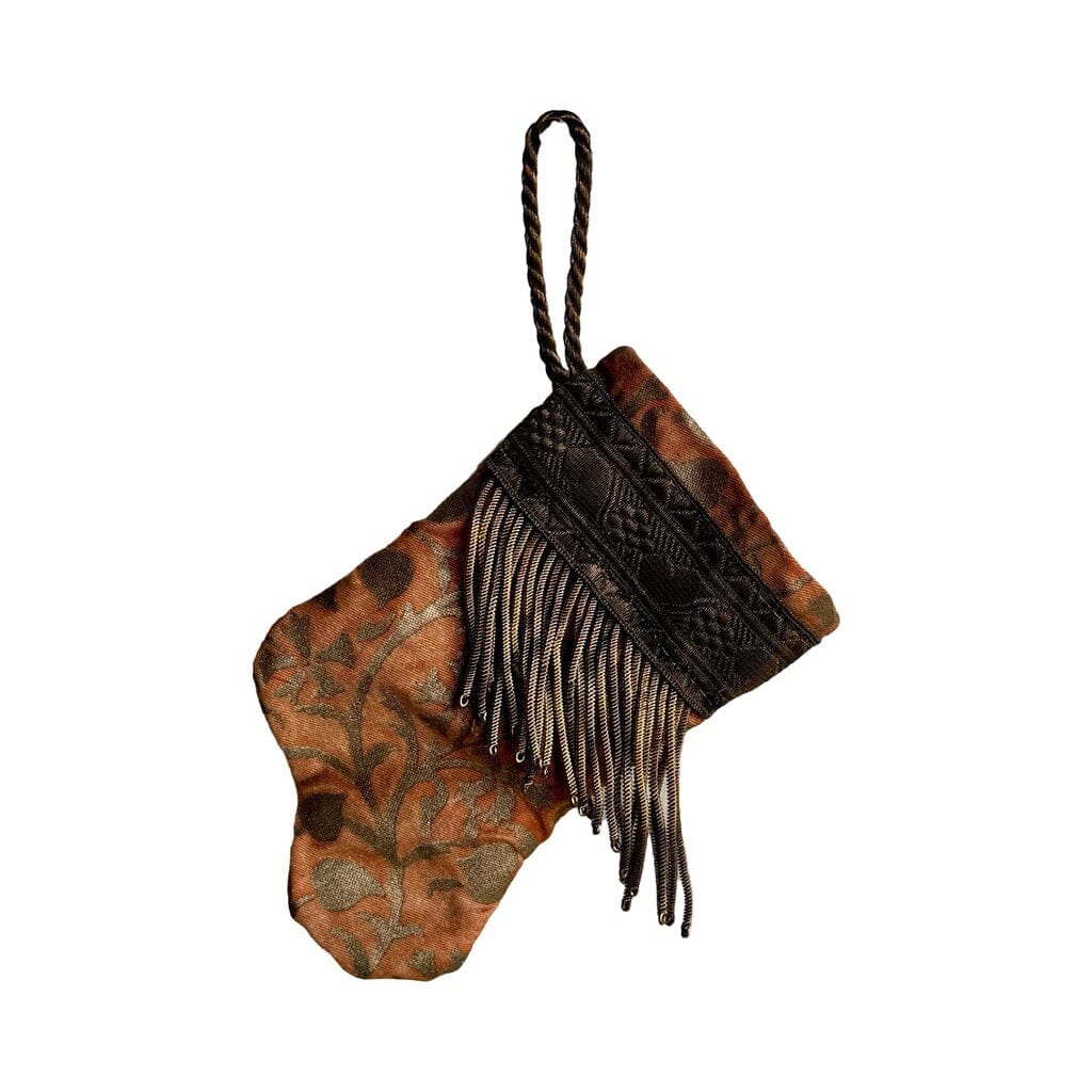 Handmade Mini Stocking from Antique Textiles - Orange and Bronzed Silver Fortuny Ornament B. Viz Design I