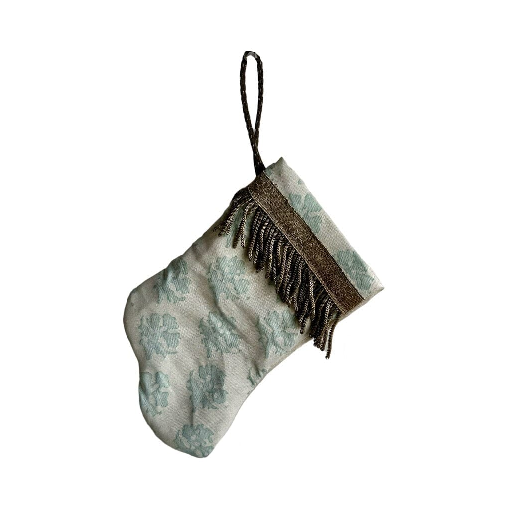 Handmade Mini Stocking from Antique Textiles - Paled Turquoise and White Fortuny Ornament B. Viz Design A