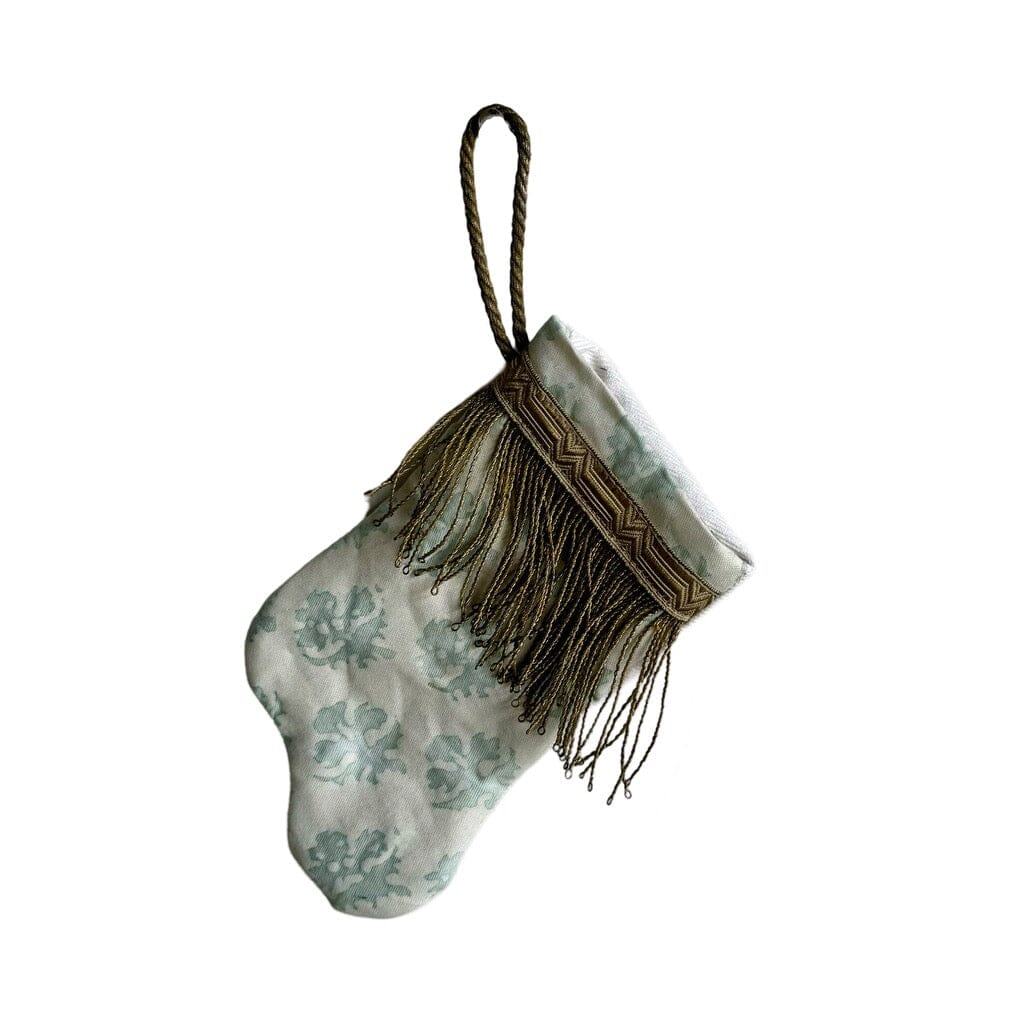 Handmade Mini Stocking from Antique Textiles - Paled Turquoise and White Fortuny Ornament B. Viz Design C