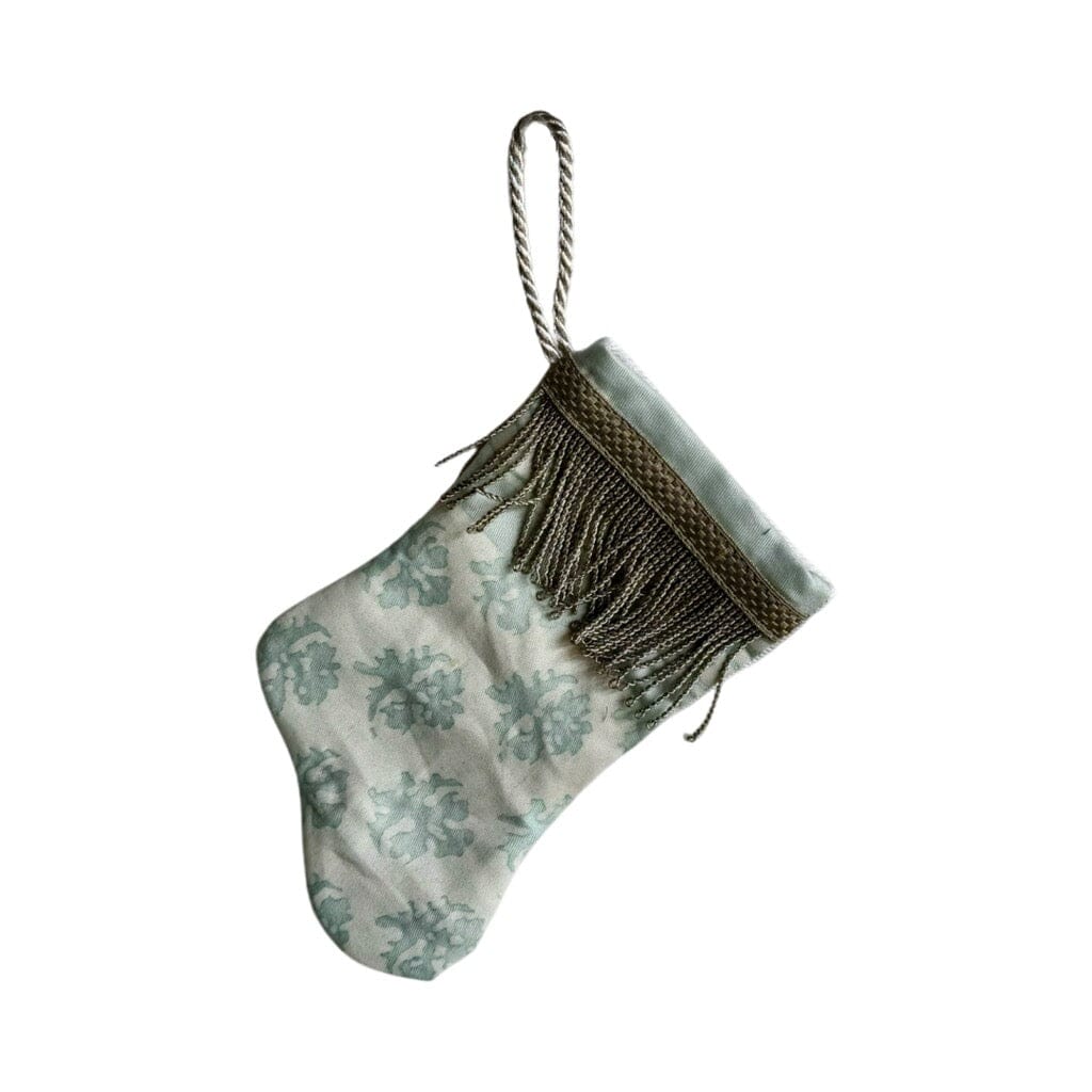 Handmade Mini Stocking from Antique Textiles - Paled Turquoise and White Fortuny Ornament B. Viz Design D