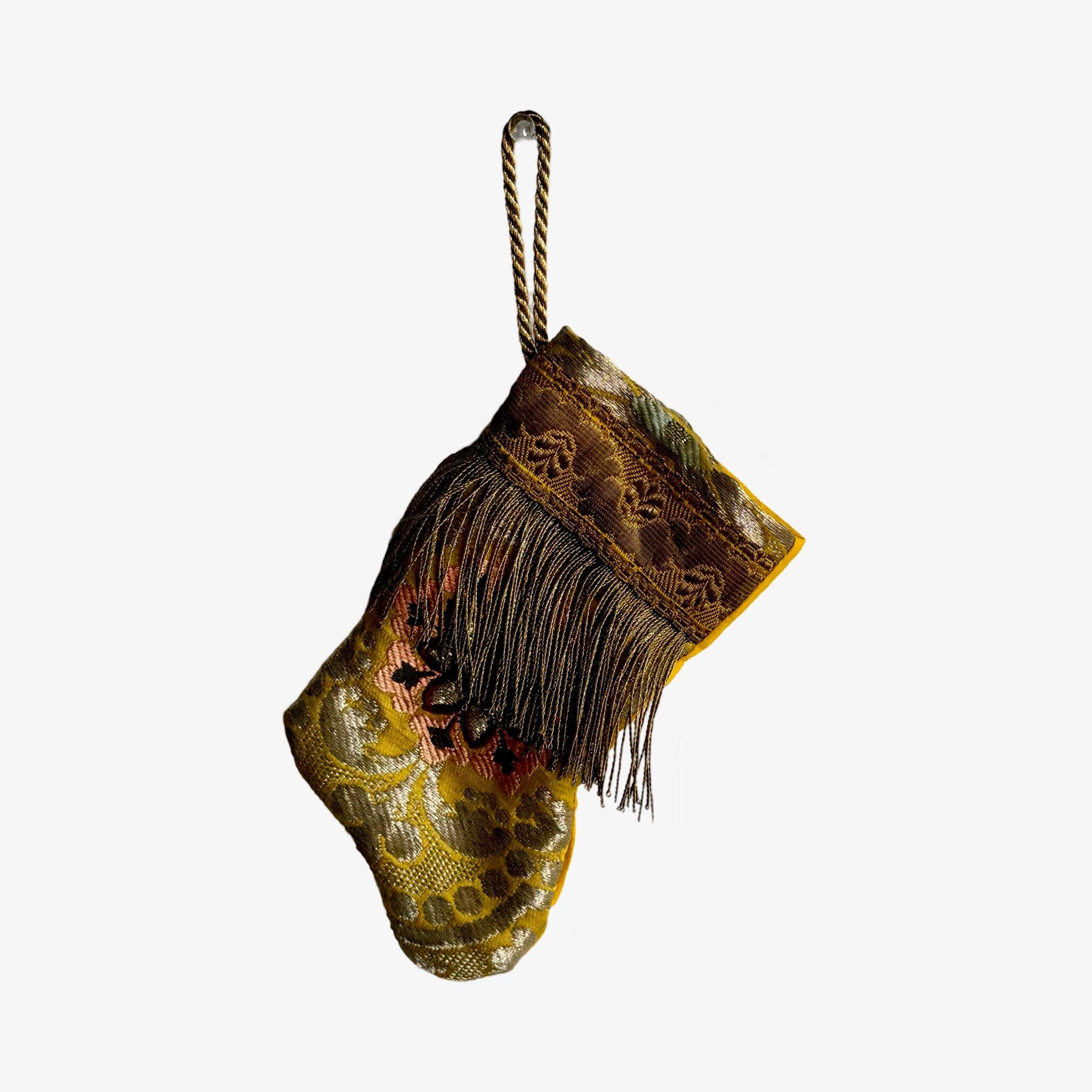 Handmade Mini Stocking from Antique Textiles - Yellow and Metallic Gold Floral Ornament B. Viz Design A