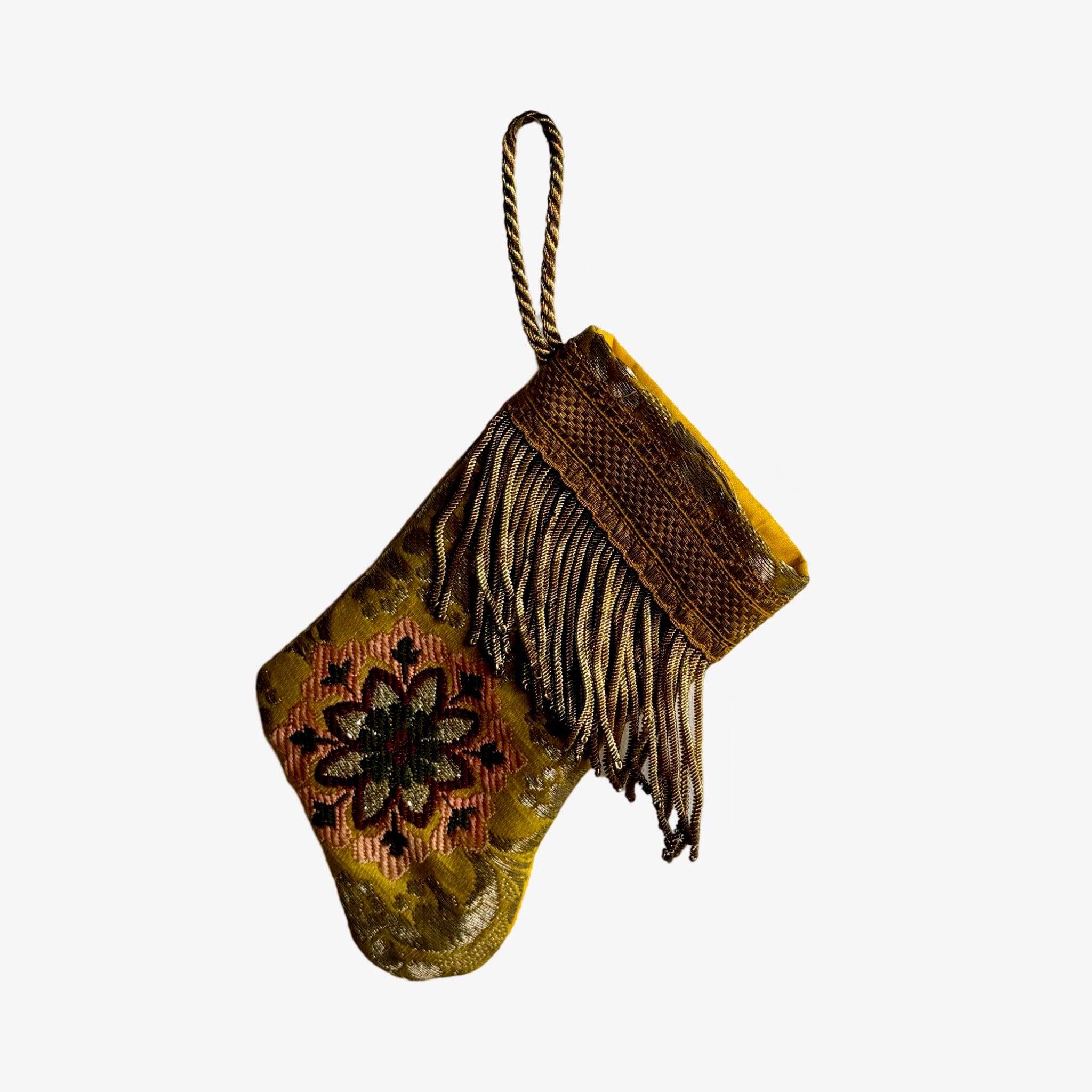 Handmade Mini Stocking from Antique Textiles - Yellow and Metallic Gold Floral Ornament B. Viz Design B