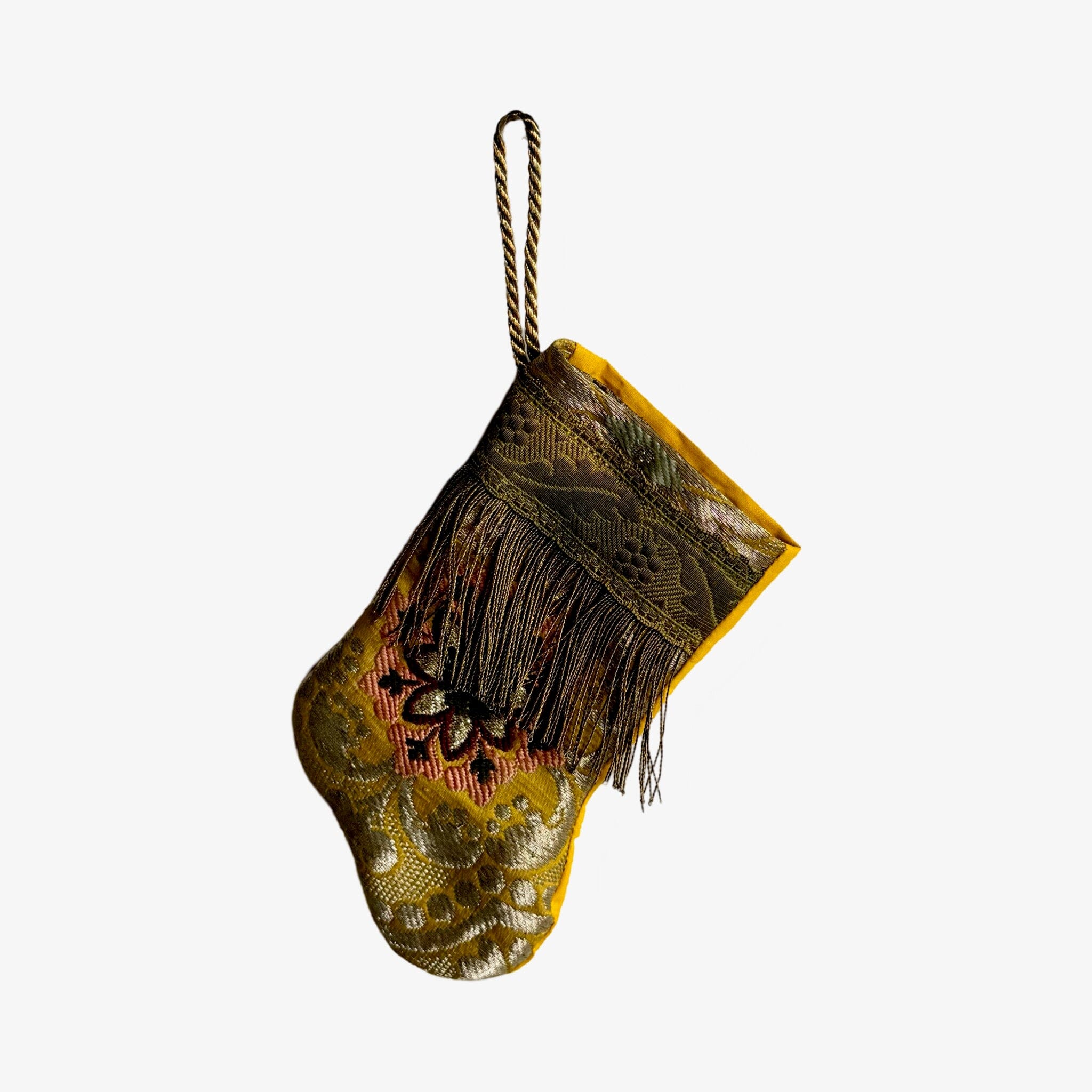Handmade Mini Stocking from Antique Textiles - Yellow and Metallic Gold Floral Ornament B. Viz Design C