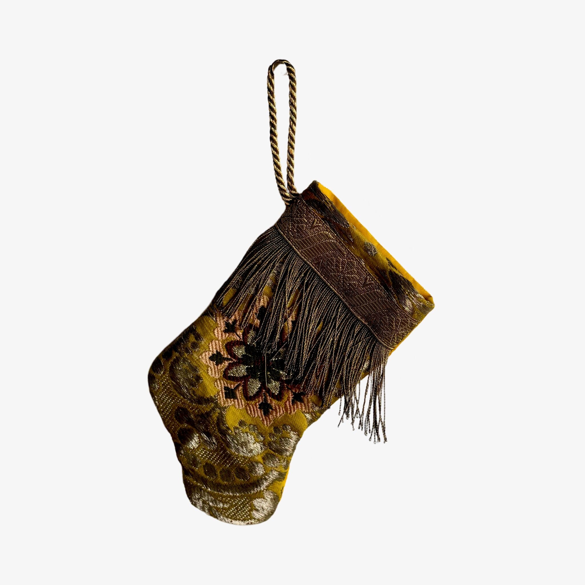 Handmade Mini Stocking from Antique Textiles - Yellow and Metallic Gold Floral Ornament B. Viz Design E