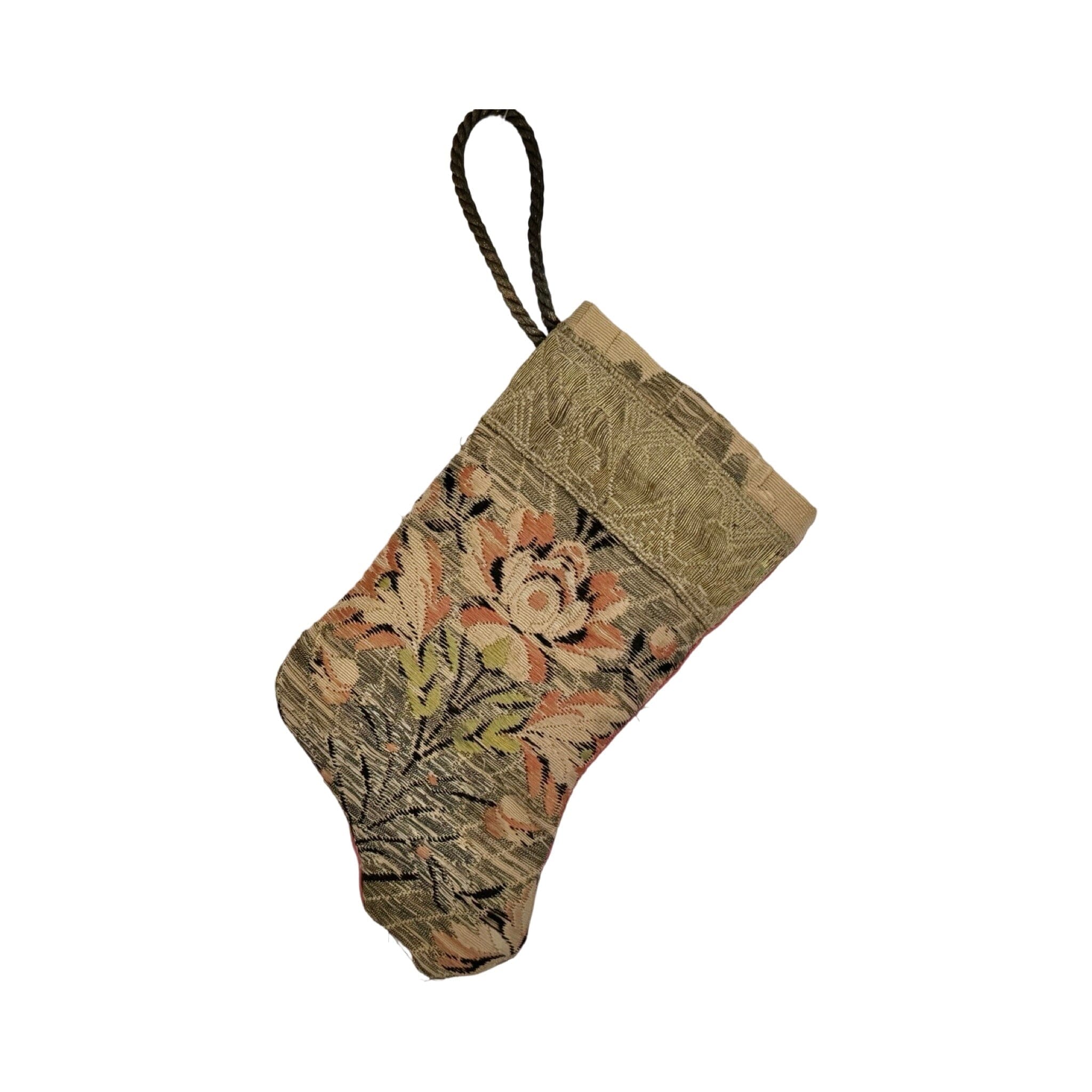 Handmade Mini Stocking Made From Vintage Fabric and Trims- Bronze Silver Metallic Ornament B. Viz Design A