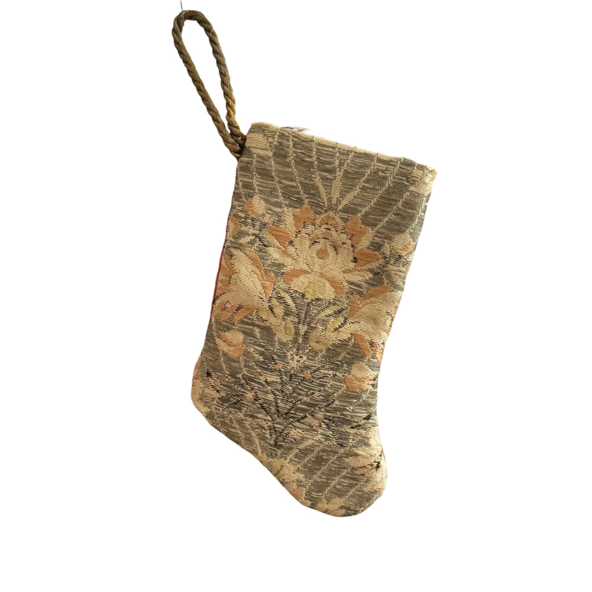 Handmade Mini Stocking Made From Vintage Fabric and Trims- Bronze Silver Metallic Ornament B. Viz Design C